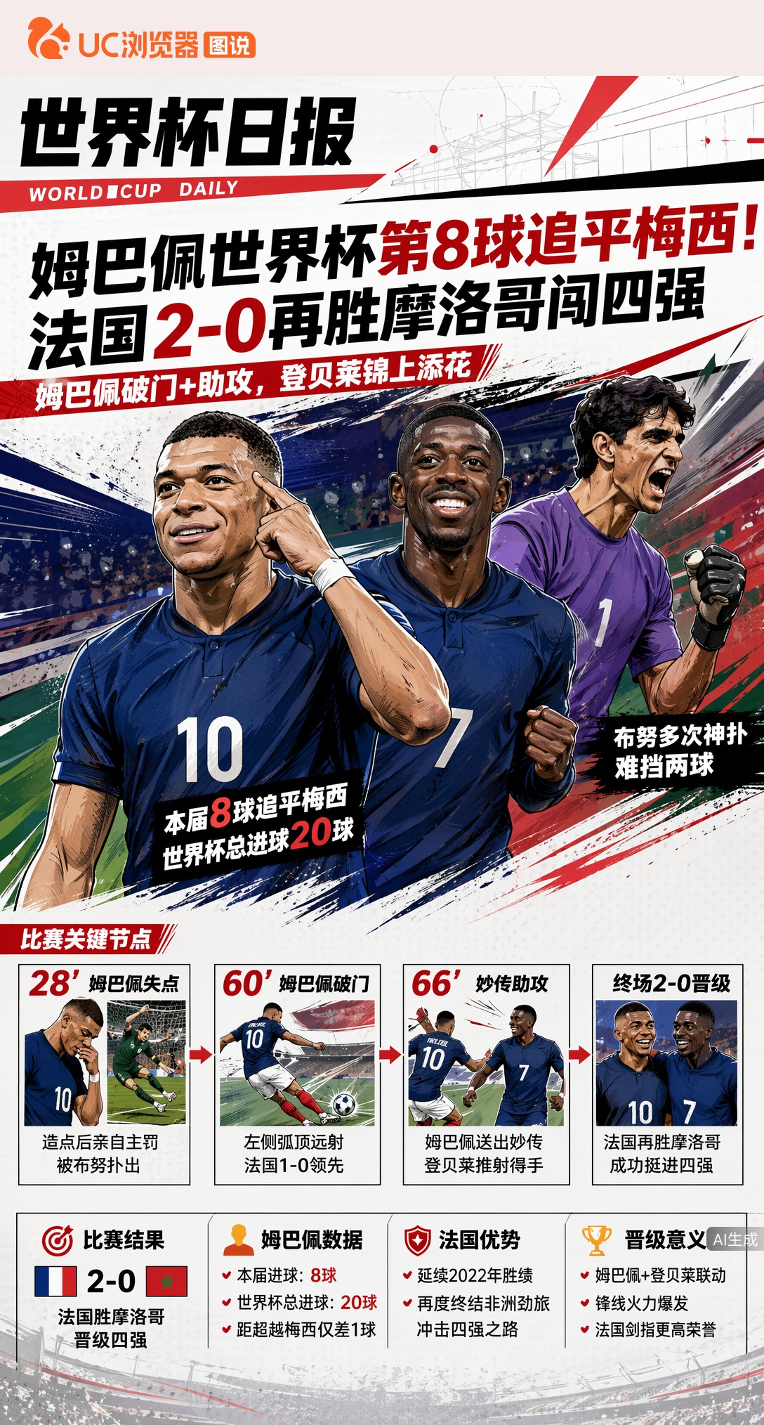 姆巴佩世界杯第8球追平梅西！法国2-0再胜摩洛哥闯四强