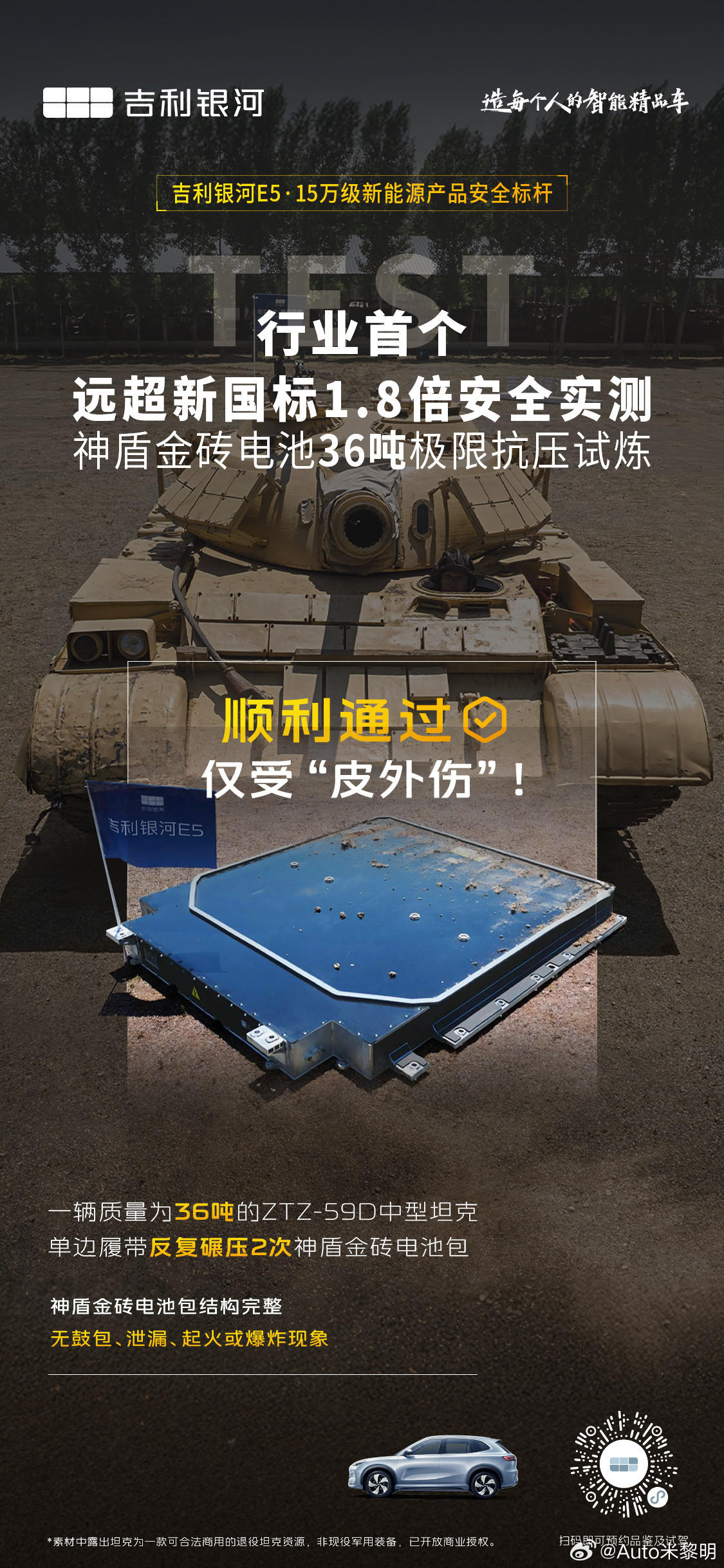 吉利银河E5神盾金砖电池包顺利通过行业首个新国标1.8倍安全实测历经“36吨极