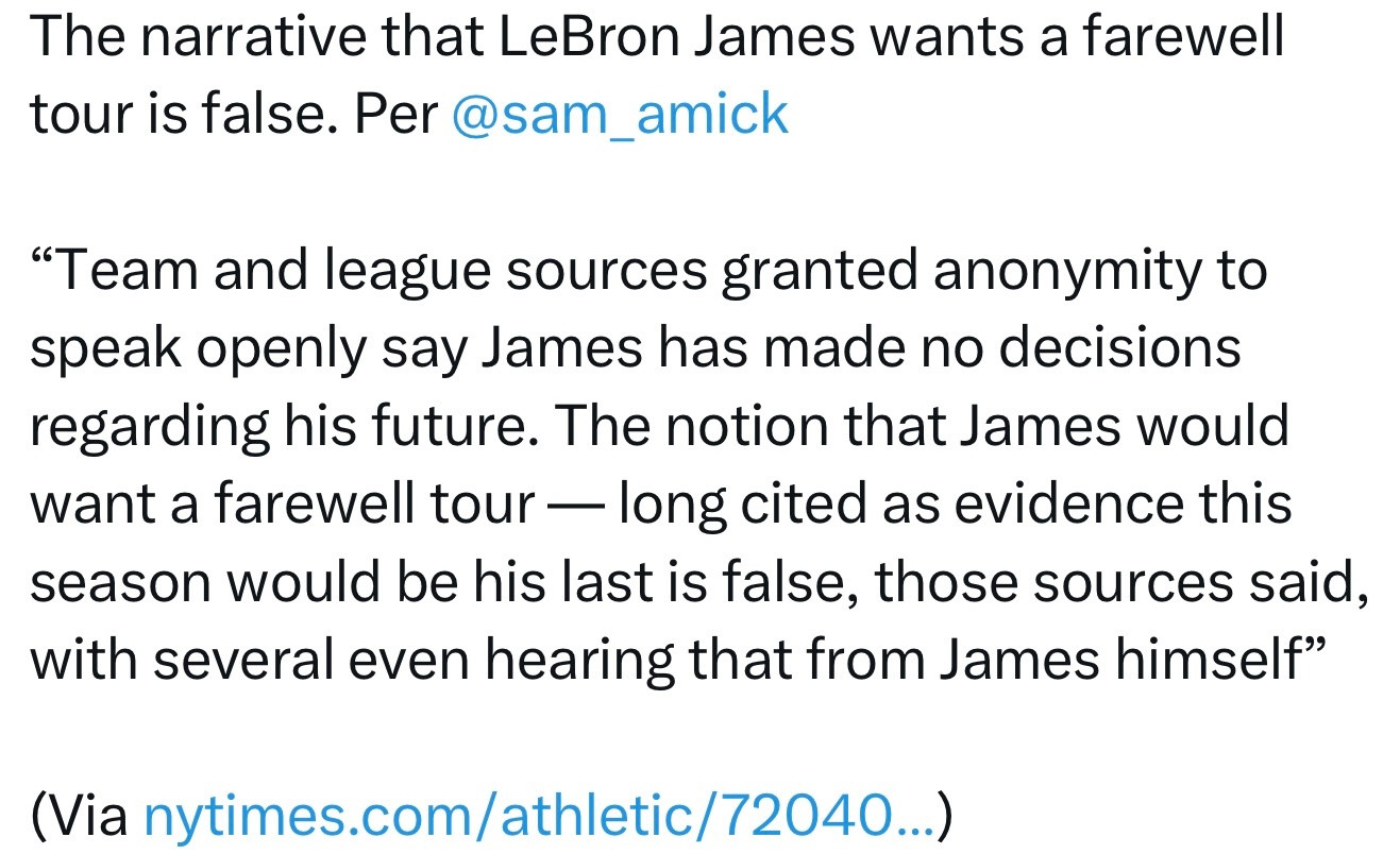 SamAmick撰文报道：关于詹姆斯想在退役前进行告别巡演的说法是错误的。联