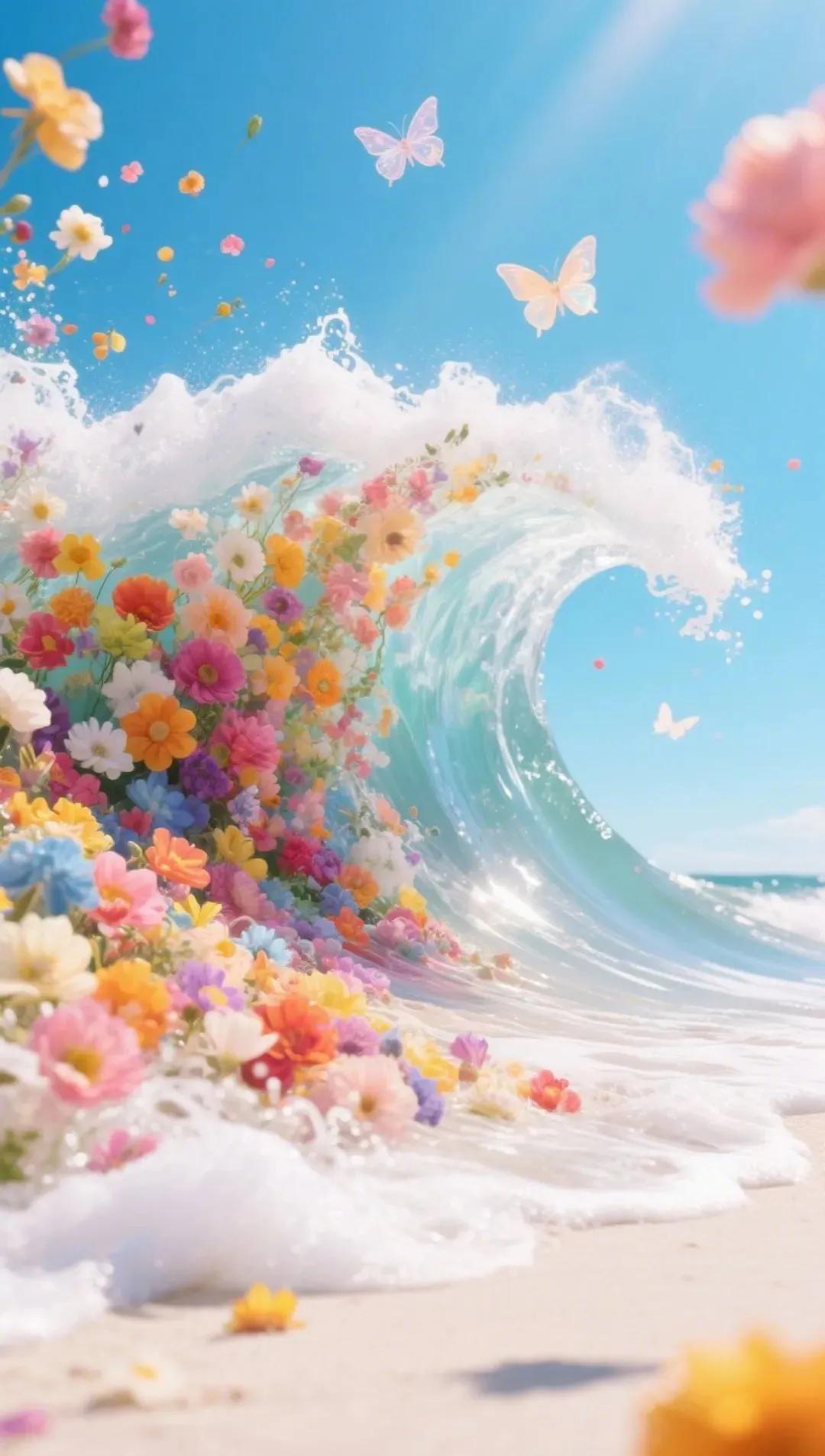 梦幻海滩，花海与浪花交织，蝴蝶翩翩起舞，美不胜收！🌊🌸🦋