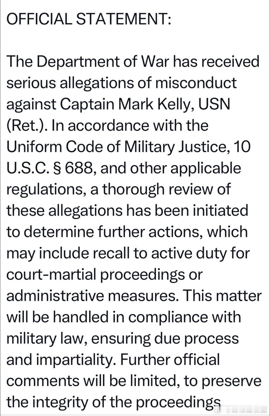 亚利桑那州联邦参议员Kelly，呼吁军人不要执行非法的命令，总统公开表示“叛国应
