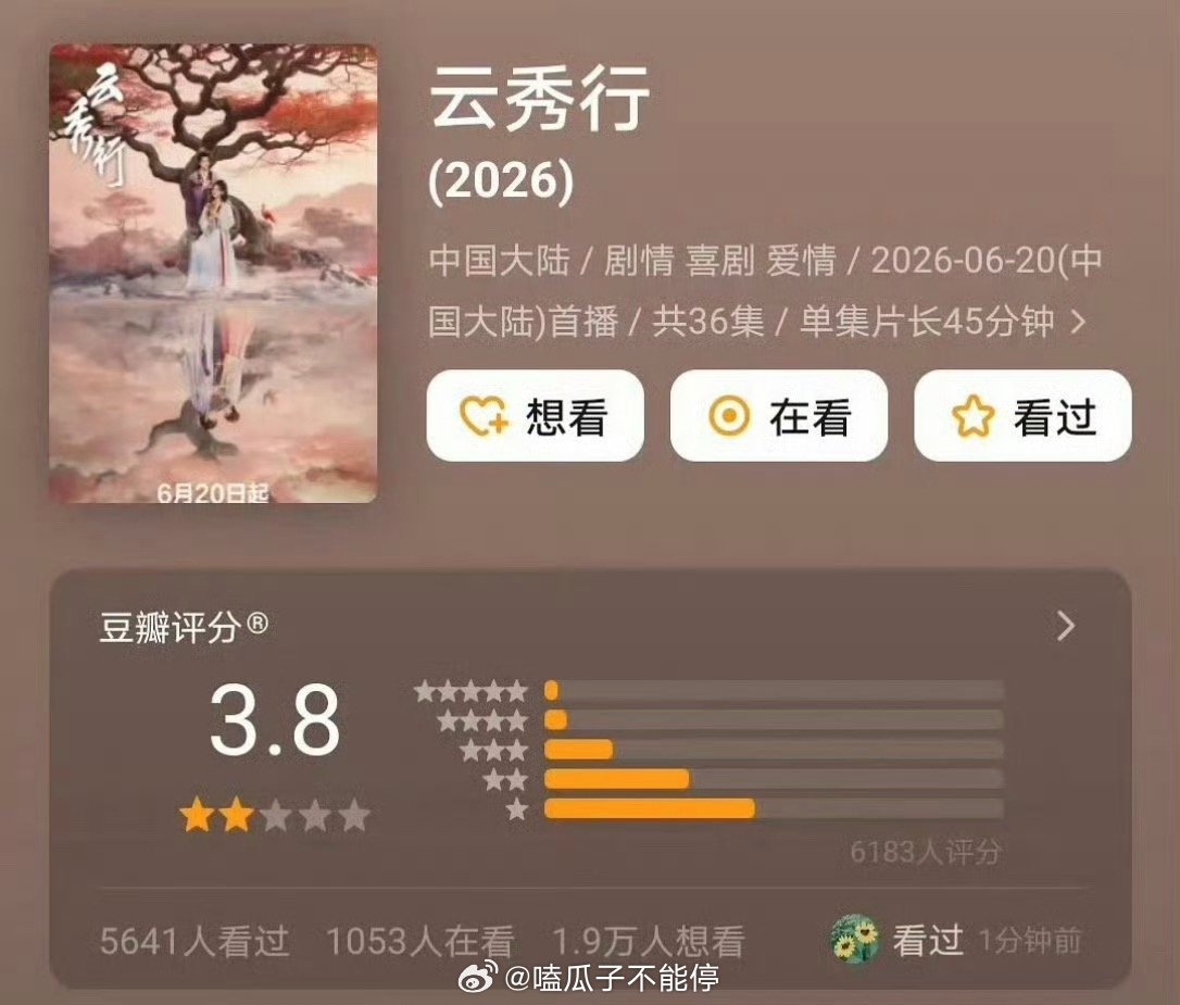 赵又廷、毛晓彤《问心2》豆瓣开分7.8张新成、丁禹兮《南部档案》豆瓣开分6.7包