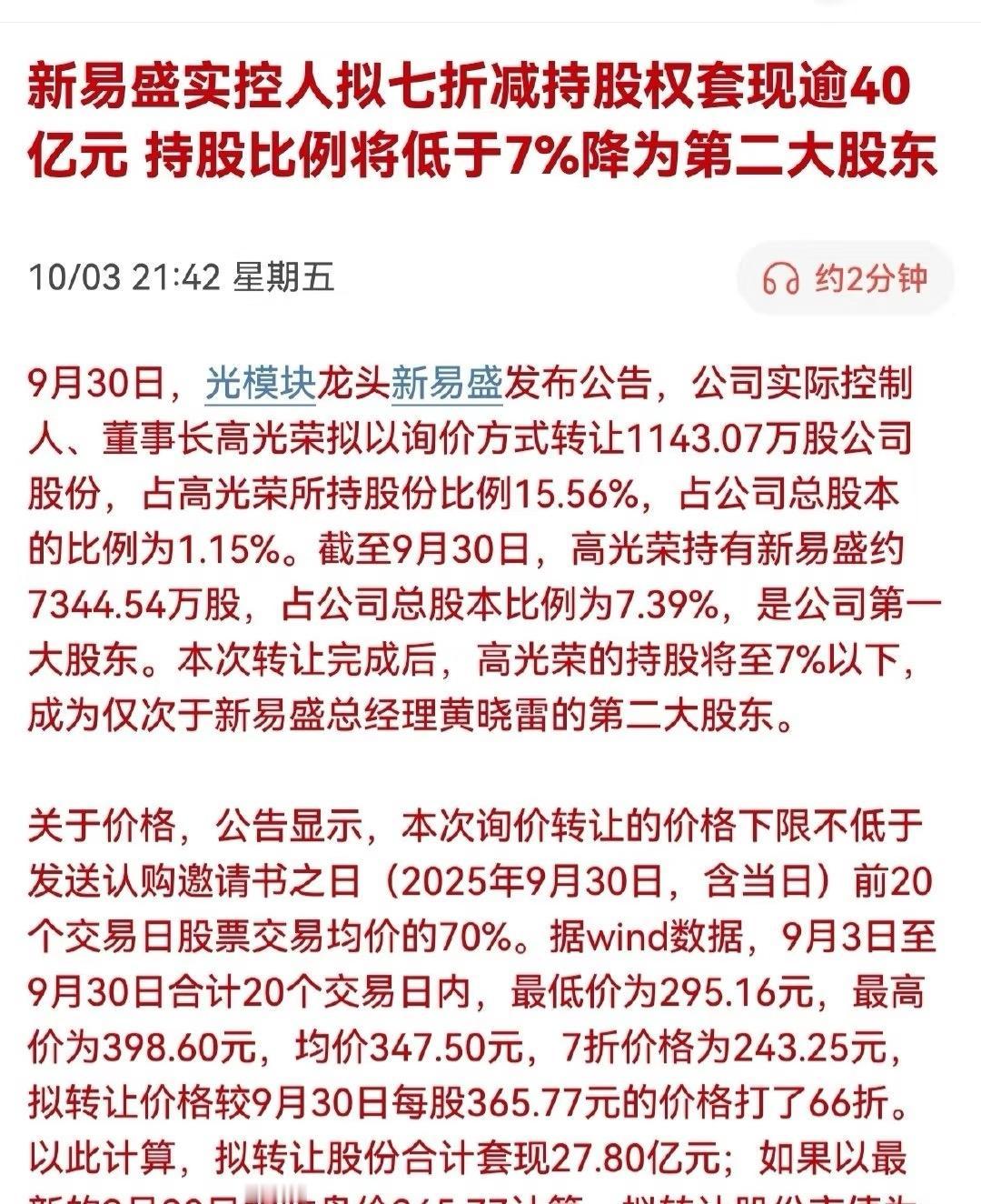 新易盛实控人拟七折减持股权套现逾40亿元。还是人家老板清醒，这么高的股价一辈