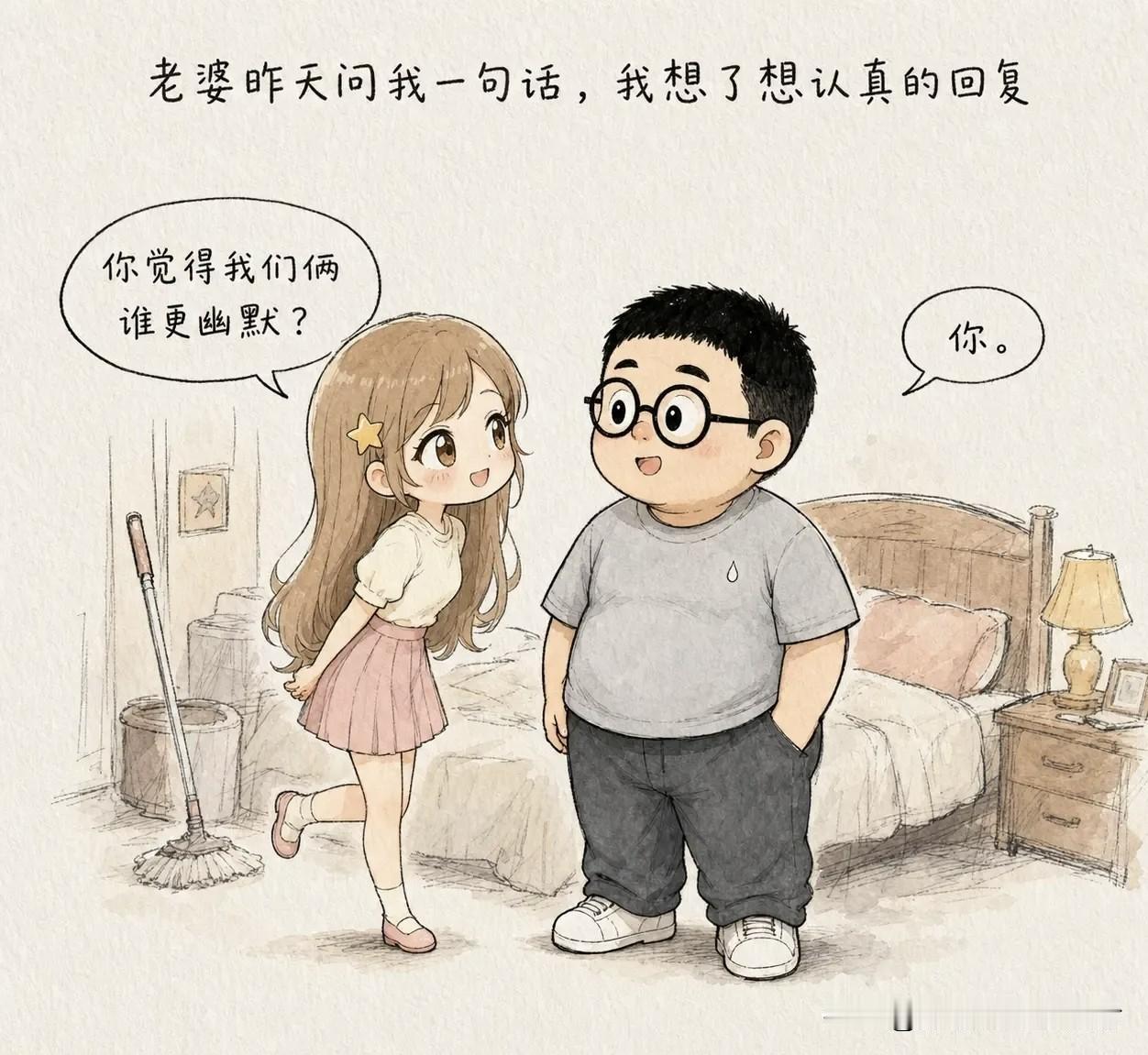 趣味漫画：老婆问我：“你觉得我们俩谁更幽默？”我想了想认真地回：“你。”她得意地