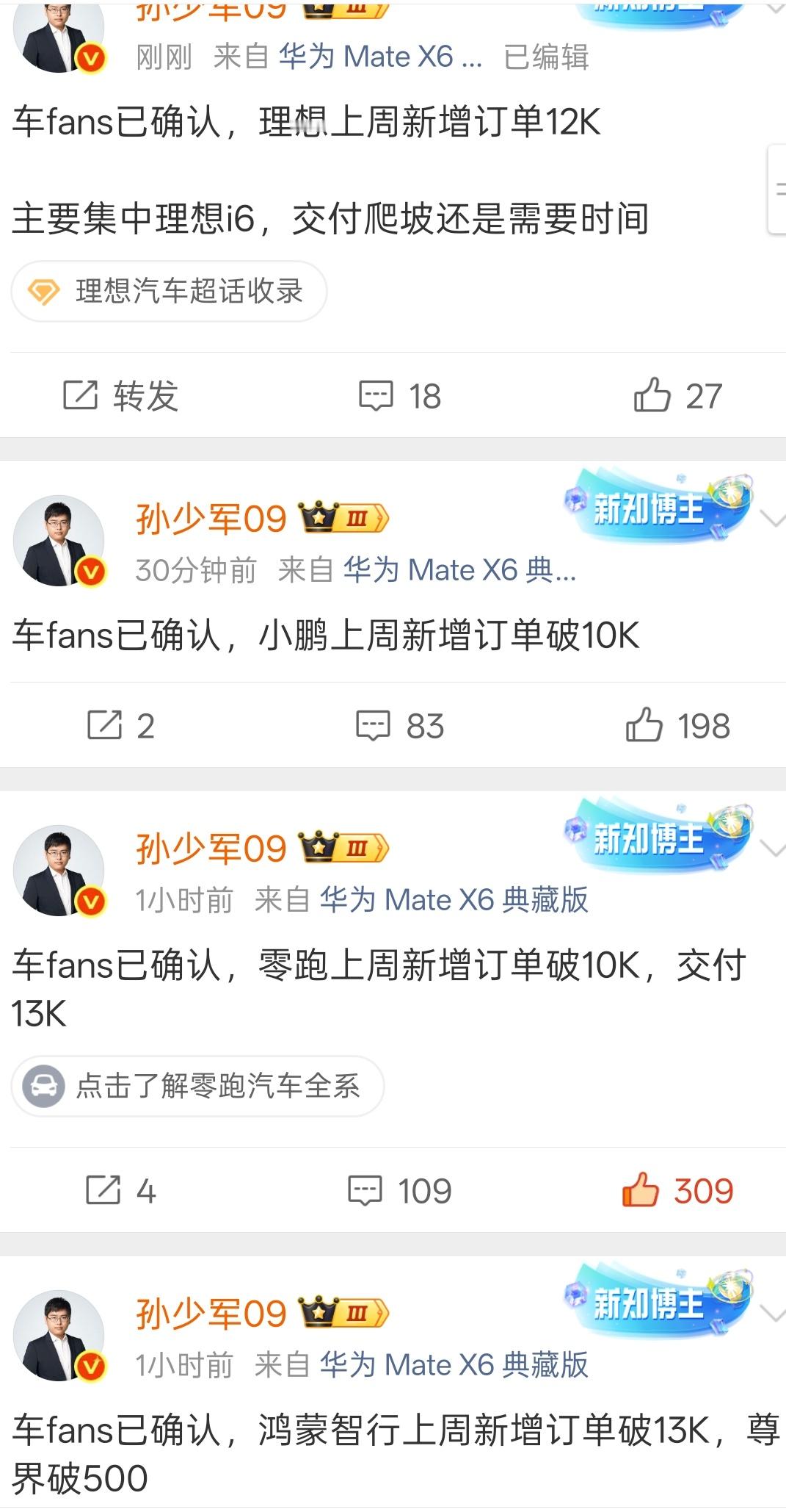 理想好起来了啊，上周订单12K，主要集中在i6。​​​
