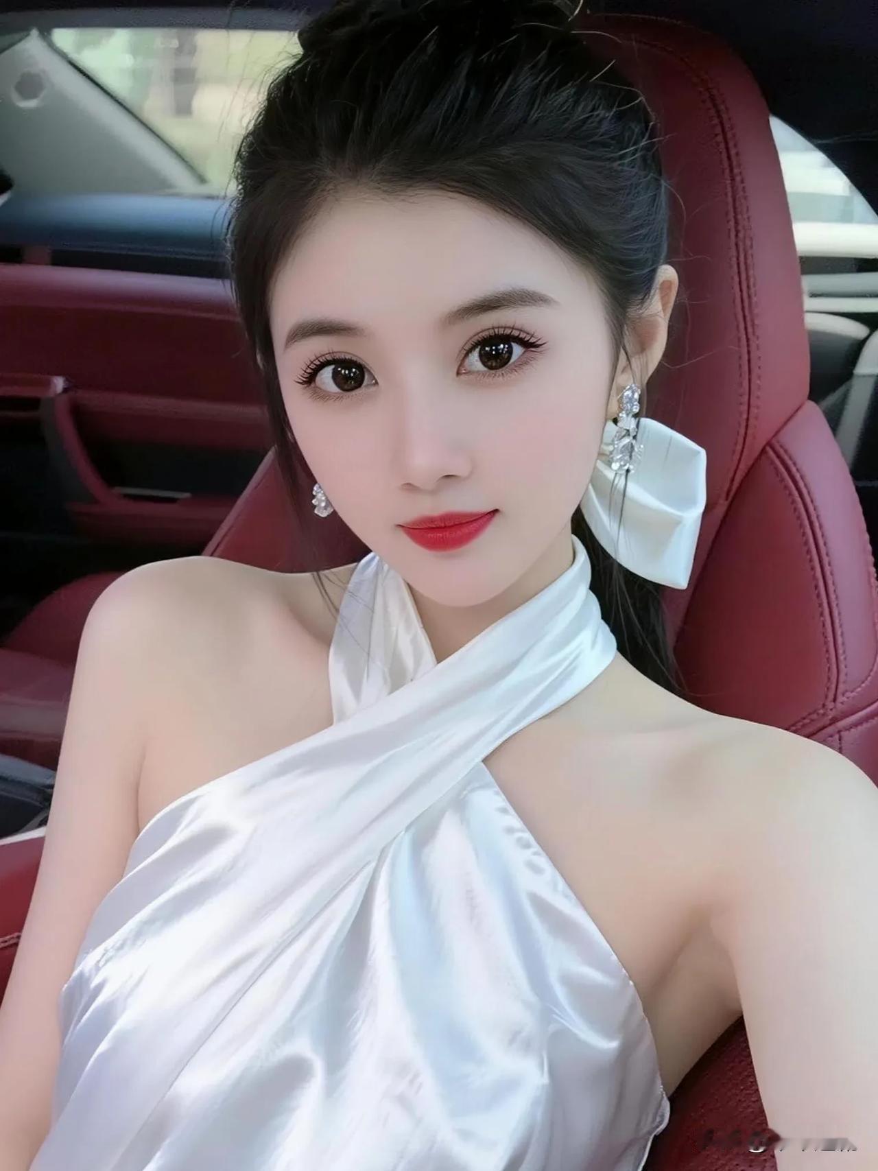 缎面白裙裹着柔光，耳尖蝴蝶结随车厢轻晃，红座垫衬得裙摆更像揉碎的云。白裙少女感