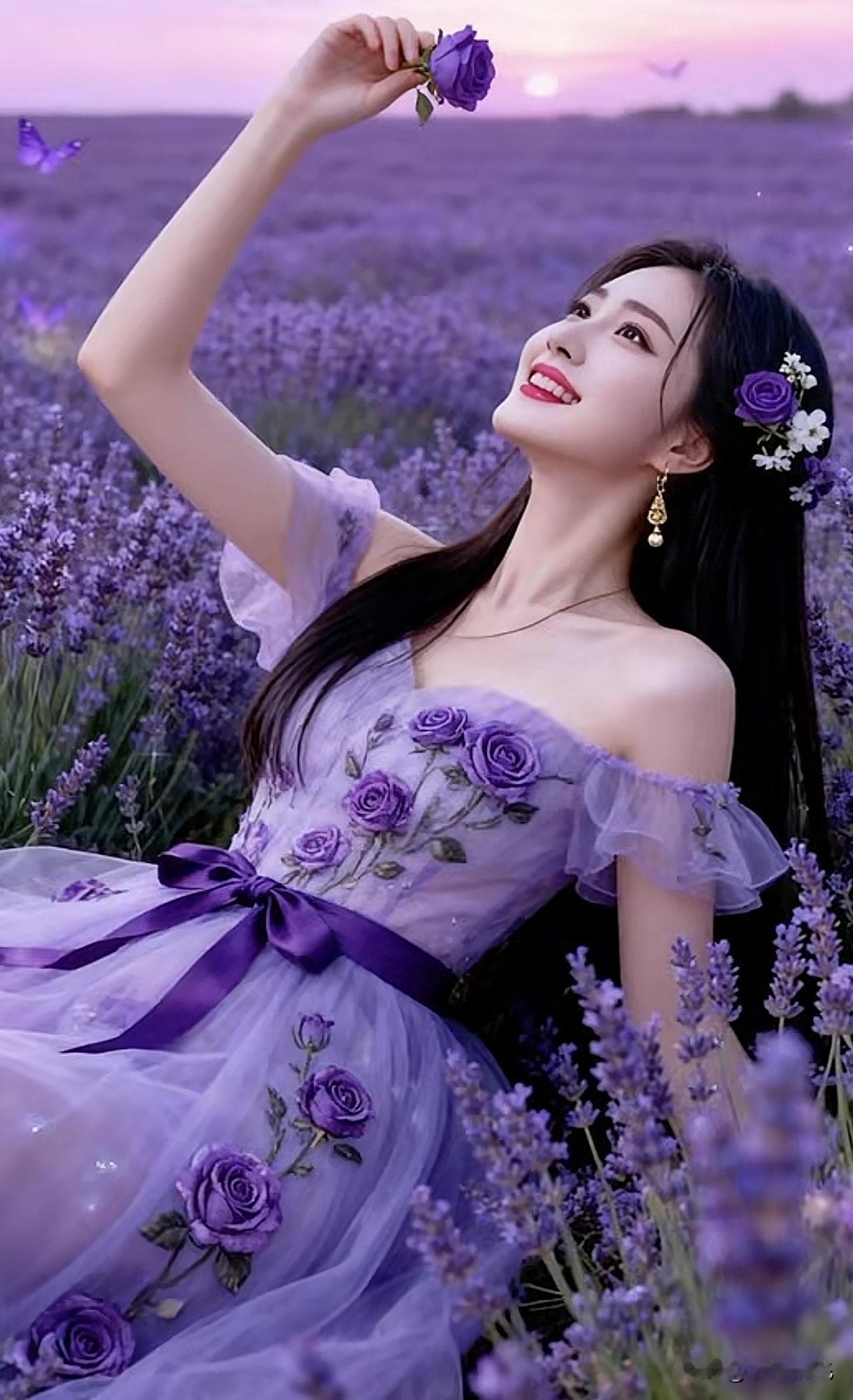梦幻薰衣草田，少女与花共舞紫色花海少女花海少女照薰衣草花海写真花海少女照