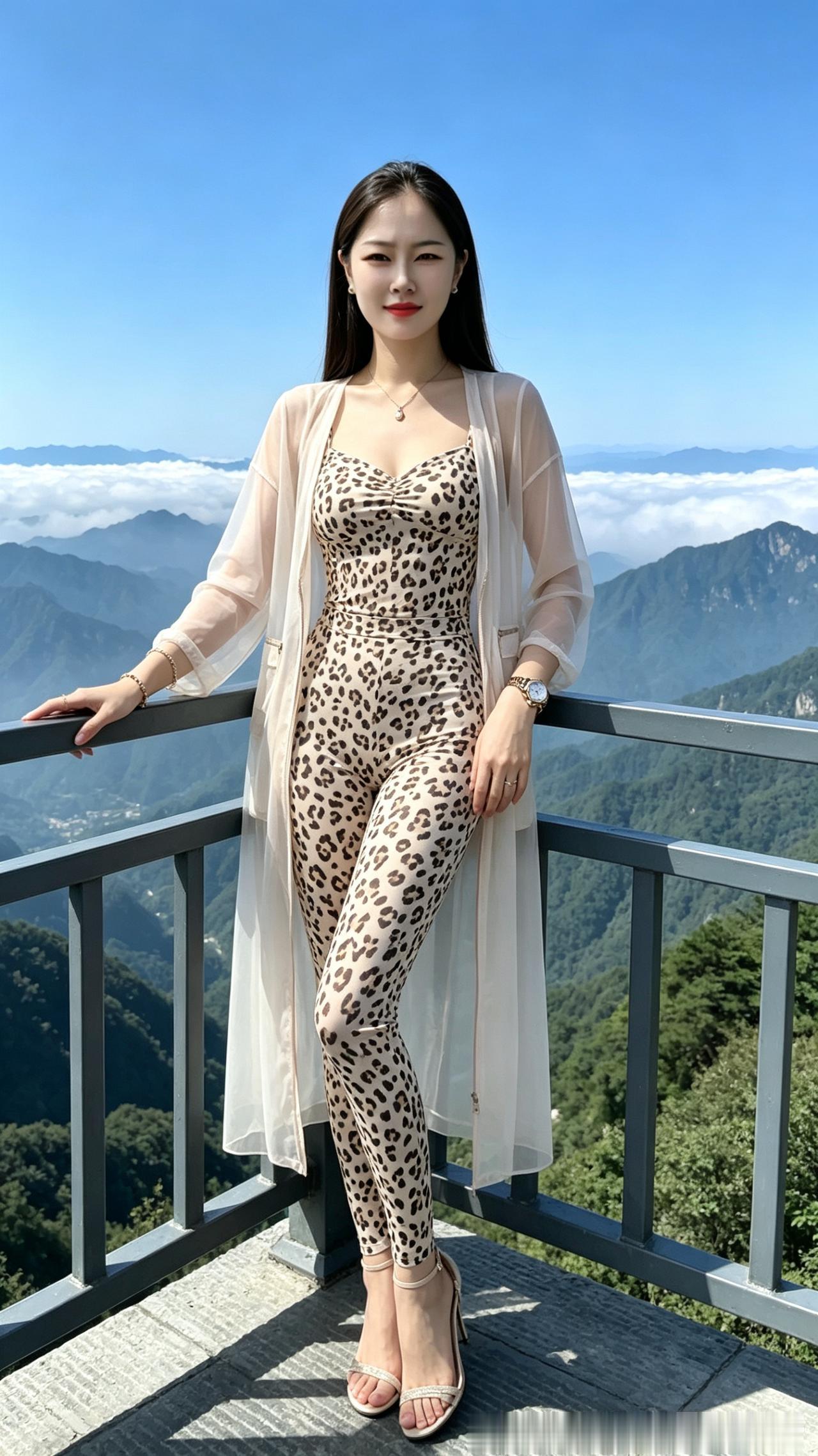 山巅倩影一袭轻纱衬玉颜，临风倚槛对云山。青丝垂落随风软，配饰流光映碧天。