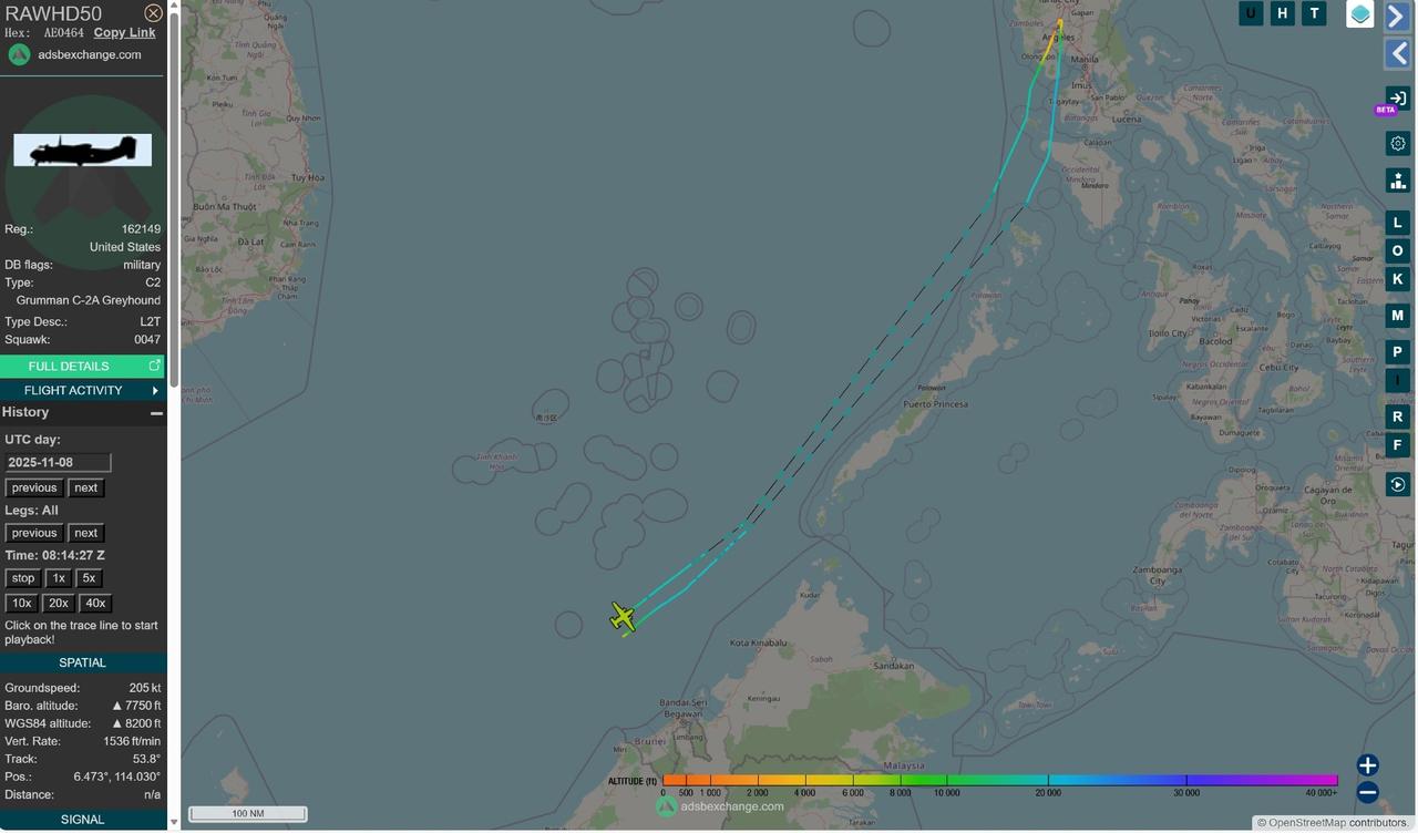 当地时间2025年11月8日，根据世界航线航线系统的数据，美国海军尼米兹号航母舰
