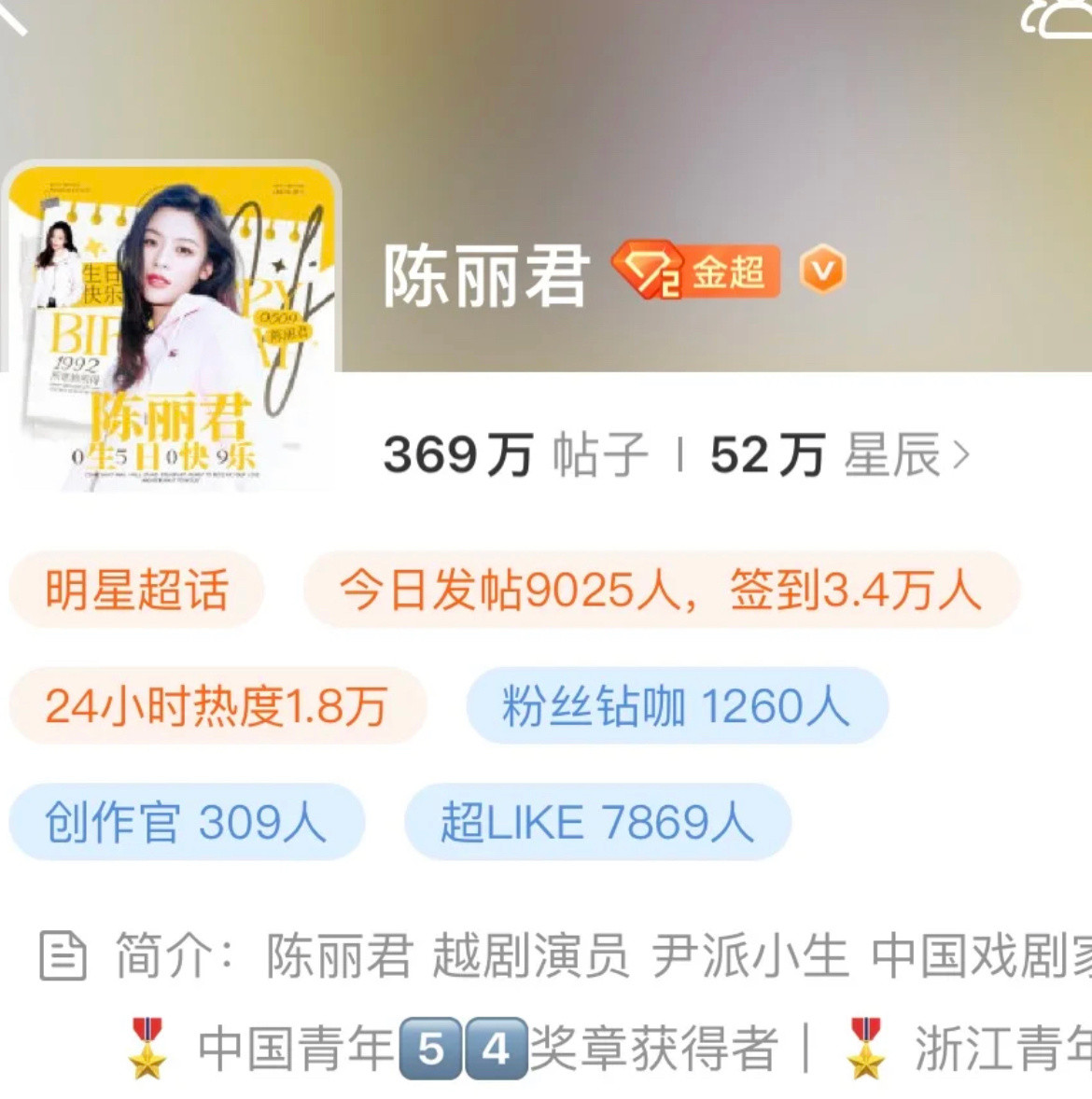 陈丽君这数据不输小花📊生日超话数据太up了，9000+发帖人数，超like78