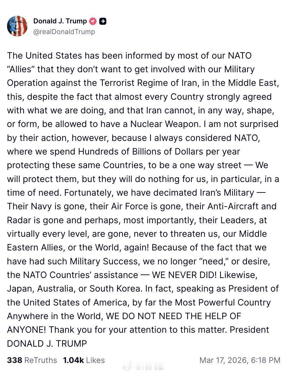 突发新闻：特朗普因日本、韩国和澳大利亚不愿参与伊朗及霍尔木兹海峡相关事务，而与其