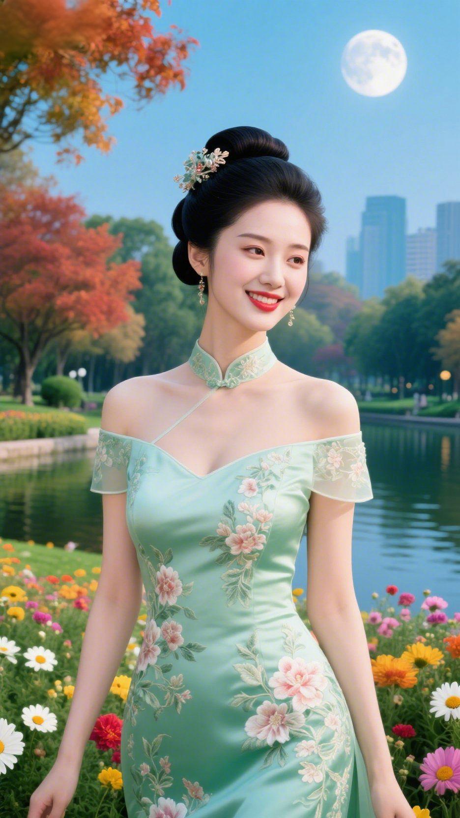 秋湖畔的青瓷柔桂香裹着晴风漫过湖畔时，她像把秋的温婉揉进了衣袂间——青瓷色