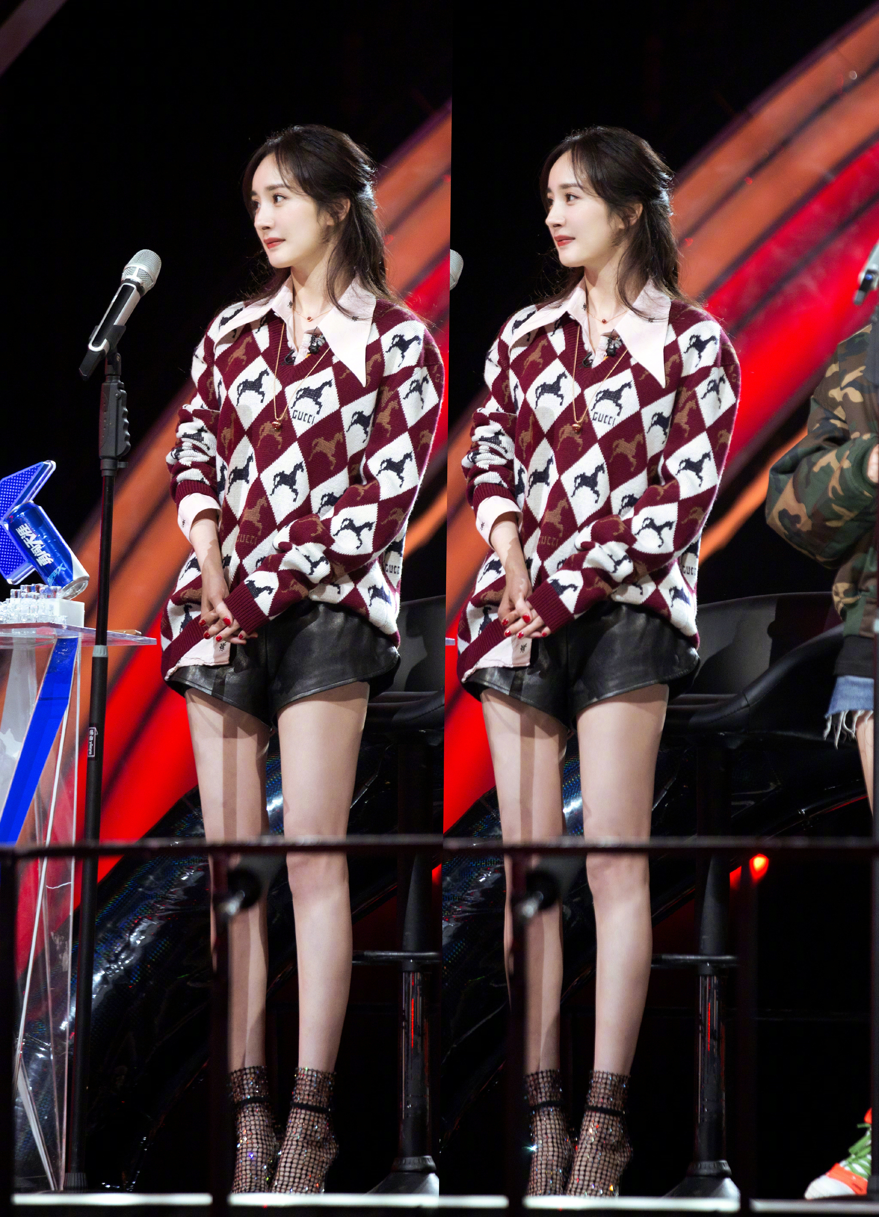 杨幂格子穿搭大长腿，笑得好甜