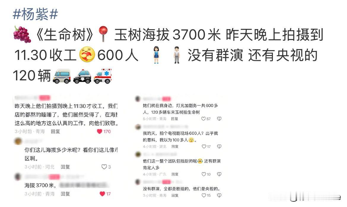 10月11日，杨紫《生命树》拍摄大场面，600人，120辆车，高海拔拍摄到凌晨！