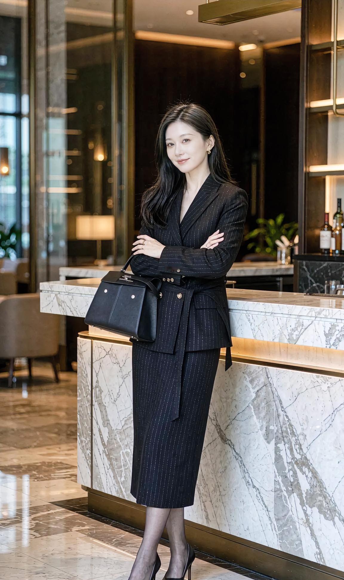 《条纹与大理石的知性诗》细条纹勾勒深黑轮廓，腰带轻系，收拢从容气度。