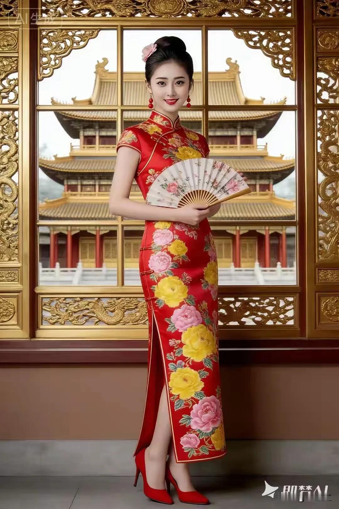 朱墙金瓦，映照红妆旗袍罗裙，佳衬婉娘扇拂古韵，眉胜宫墙肥还燕瘦，仪态万芳