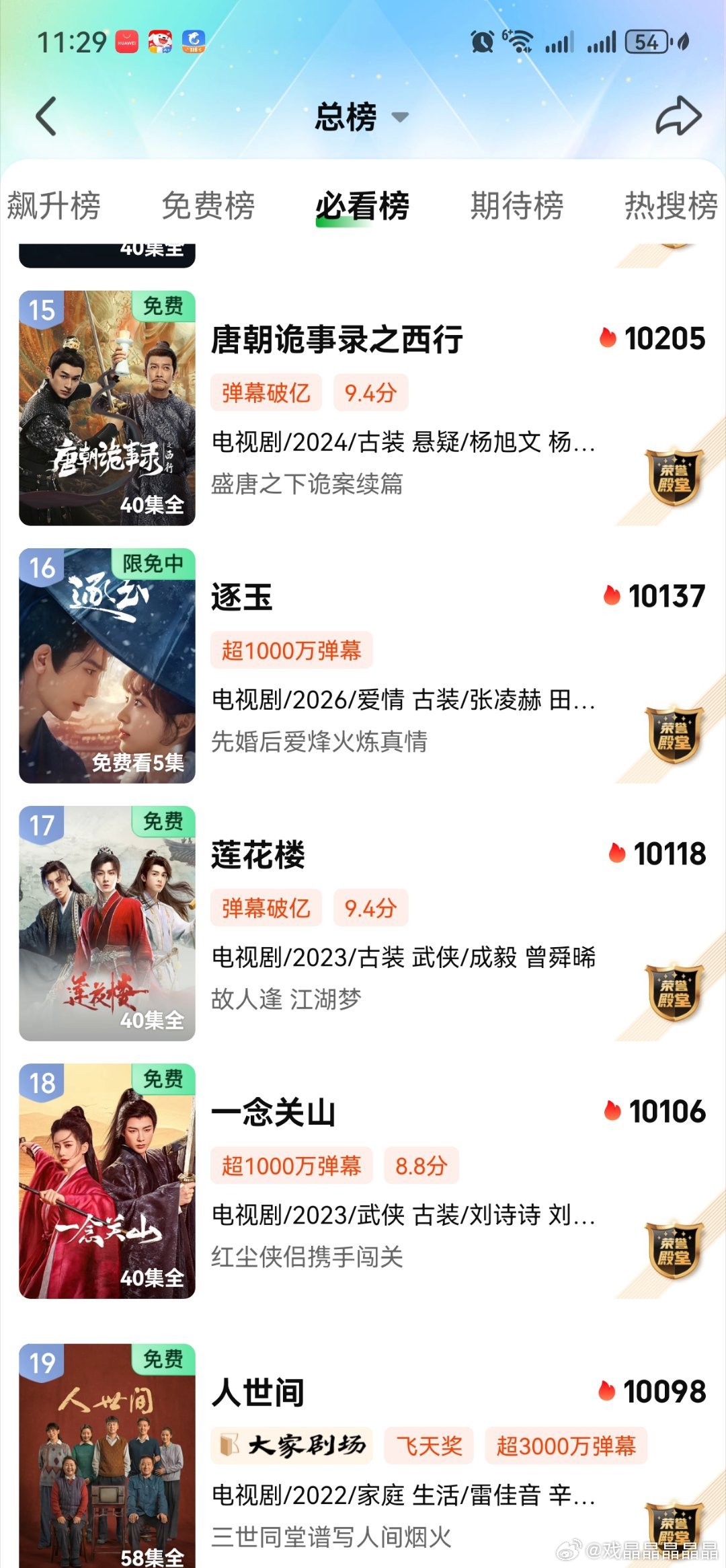 逐玉在爱奇艺必看榜热度超过莲花楼了