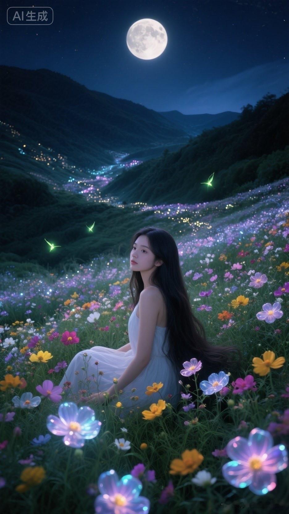 月光下的梦幻花海，少女与自然共舞