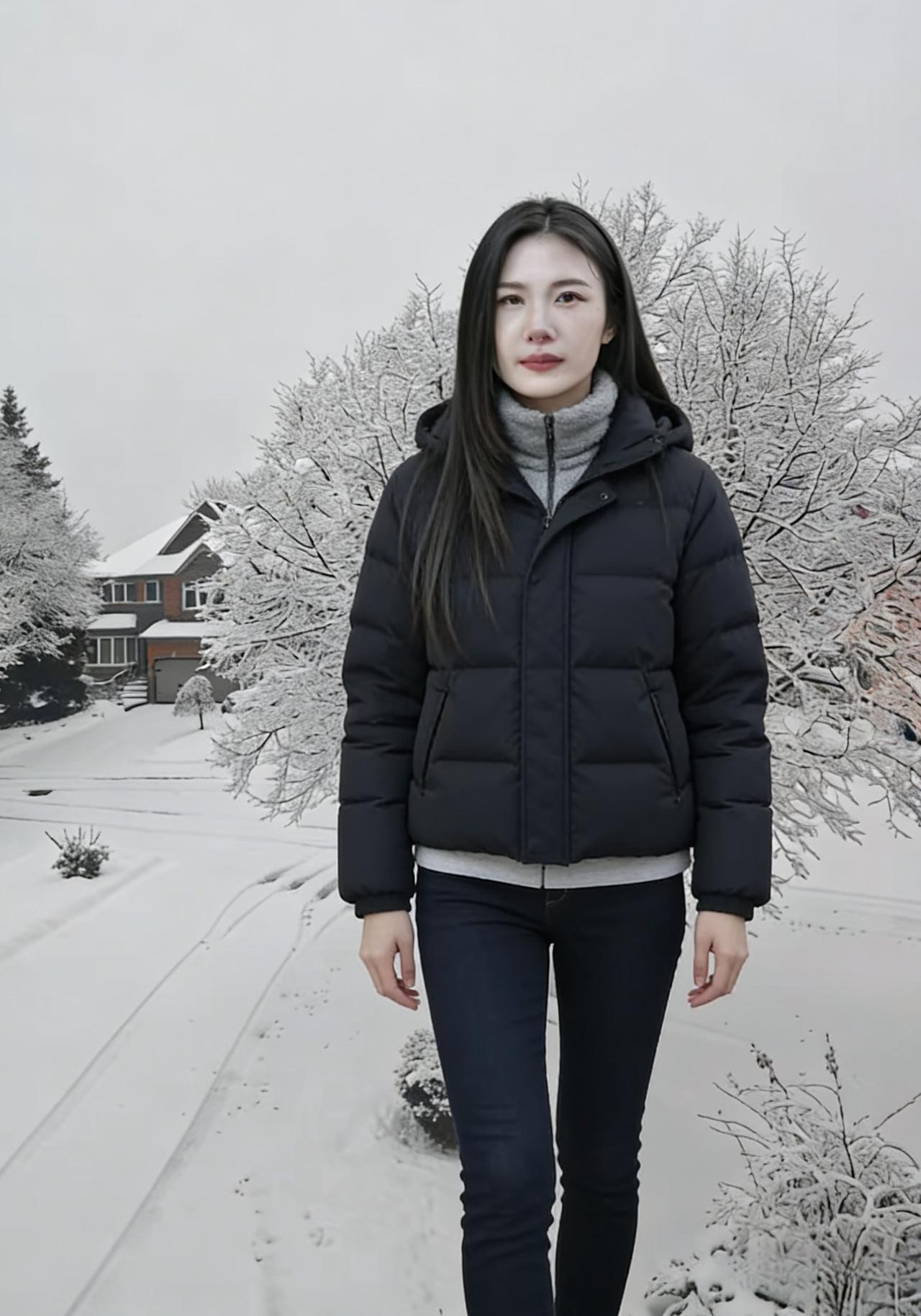 玄裳凝雪色，高领衬霜颜。松枝堆银玉，寒林覆玉山。风轻梳鬓缕，雪细点眉弯。独