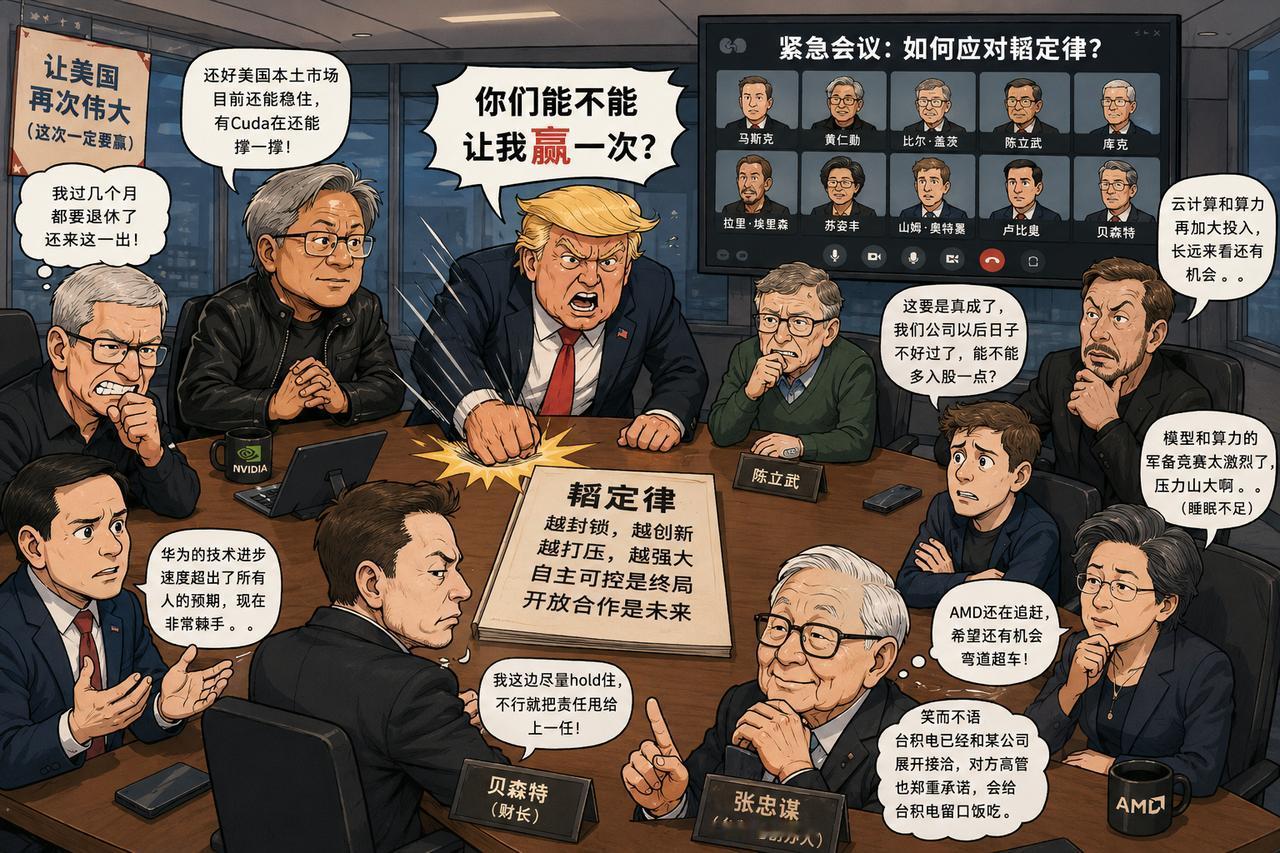 美国科技圈直接集体破防了。韬定律发布以后，消息传到美国，特总坐不住了。他把马