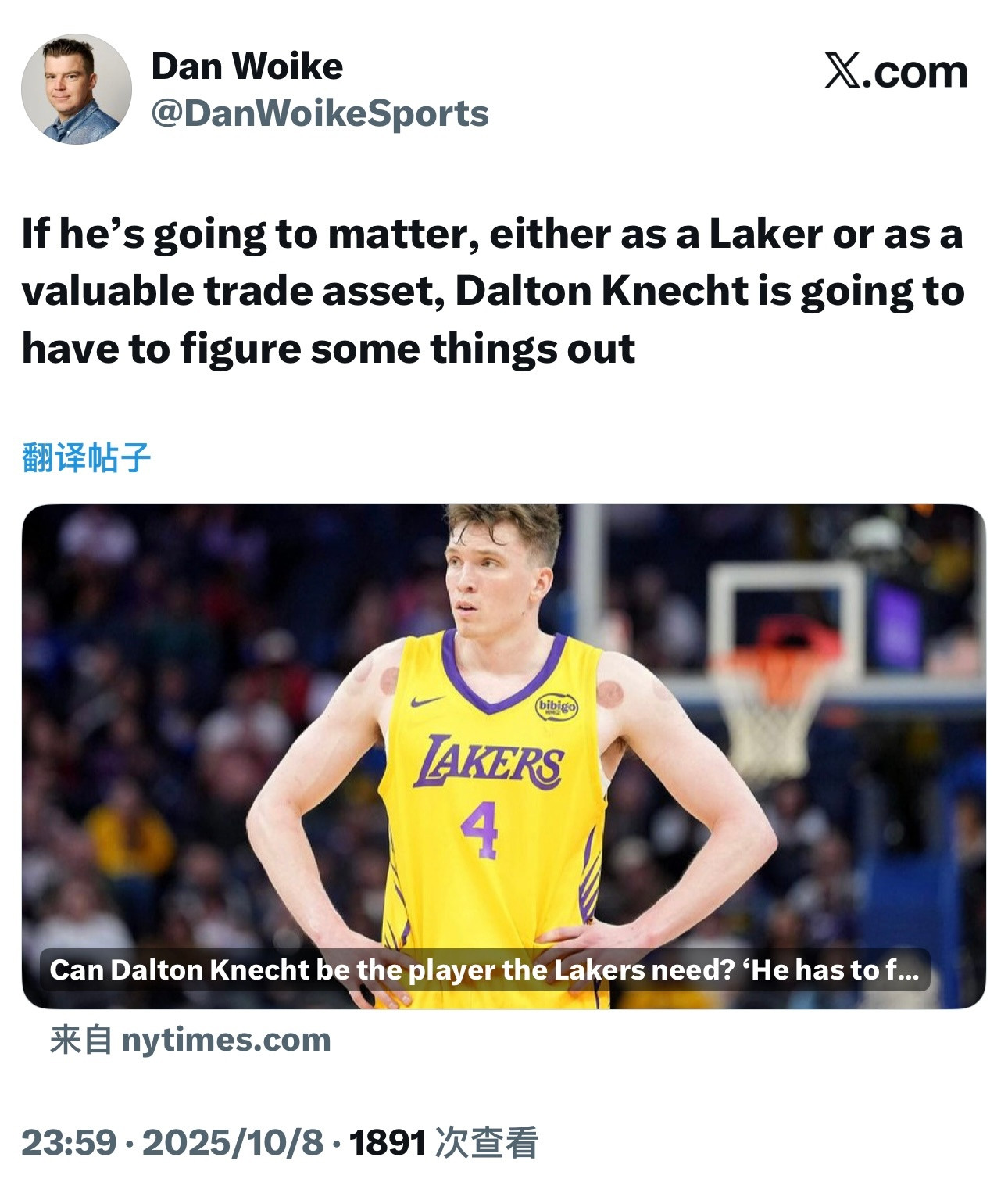 湖人记者DanWoike今天撰文谈到了克内克特：“湖人今年夏天没有交易他，他的