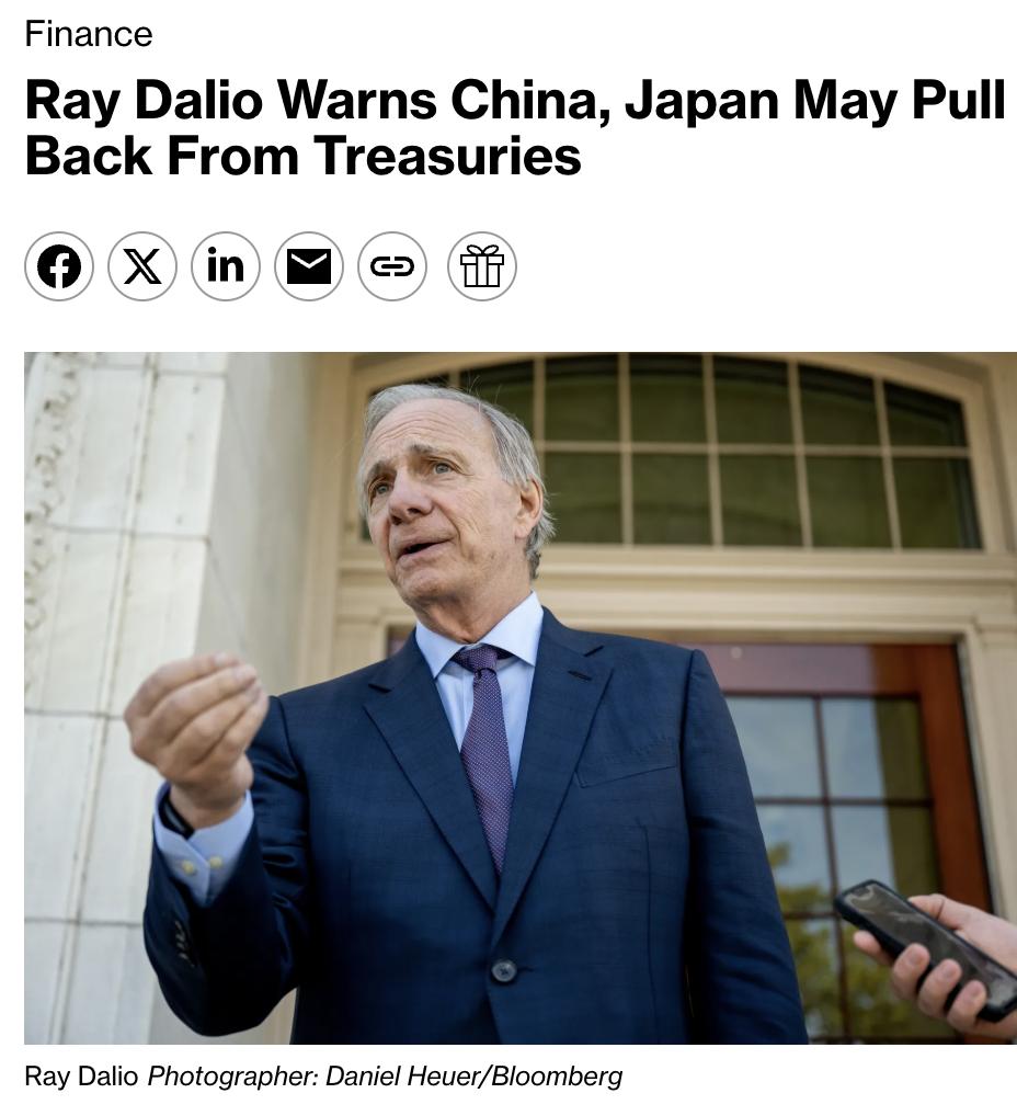 美媒：桥水基金创始人瑞·达里奥(RayDalio）表示，美国国债市场可能面临来自