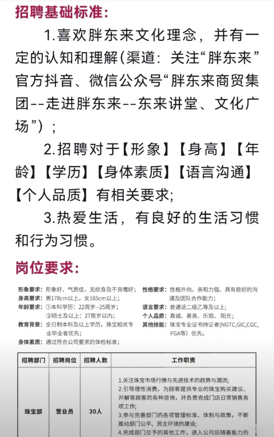 好多人说，等胖东来在郑州开业了，准备去找工作。我看了看胖东来的销售招聘要求，发现