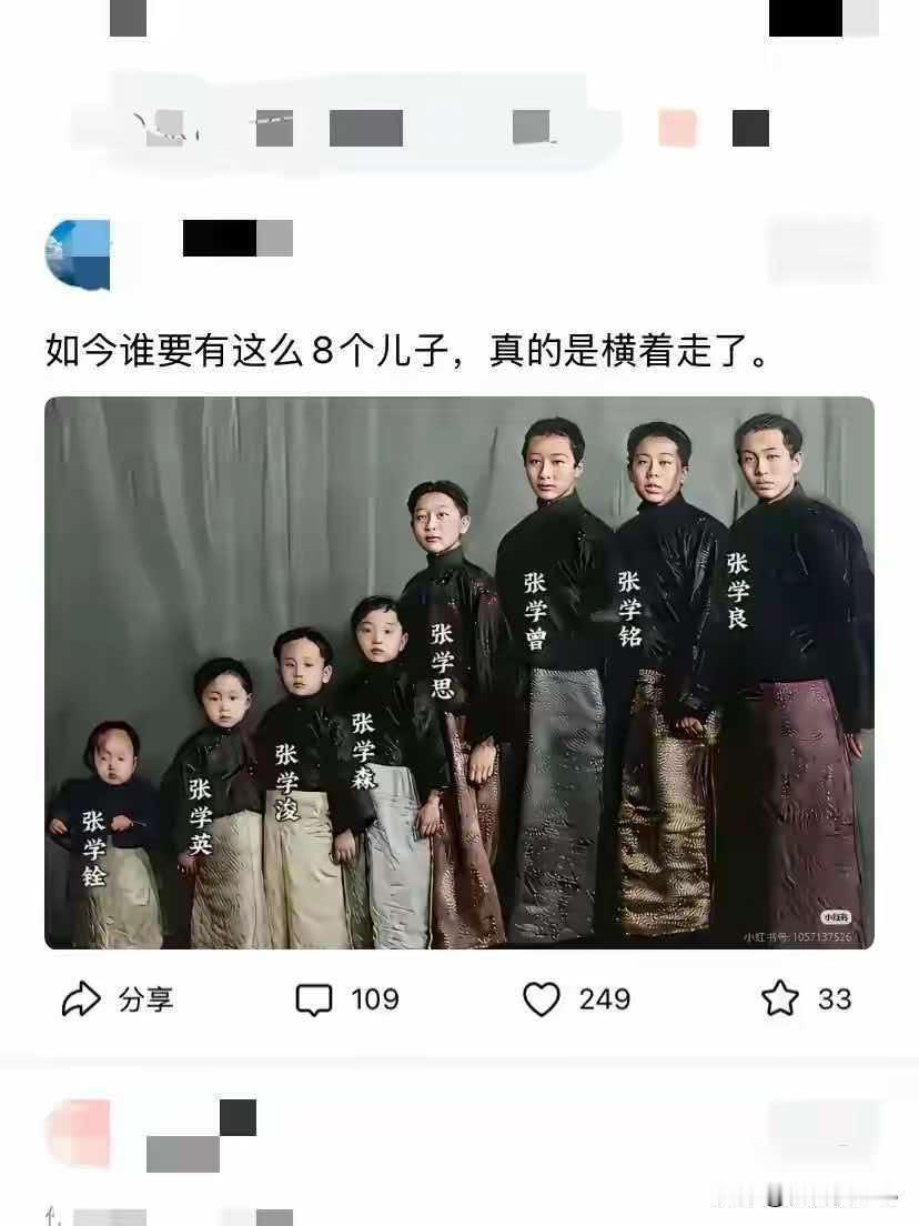张学良兄弟众多，一家子男壮丁。排排站的时候由高到低，看着很是壮观。兄弟八个长得