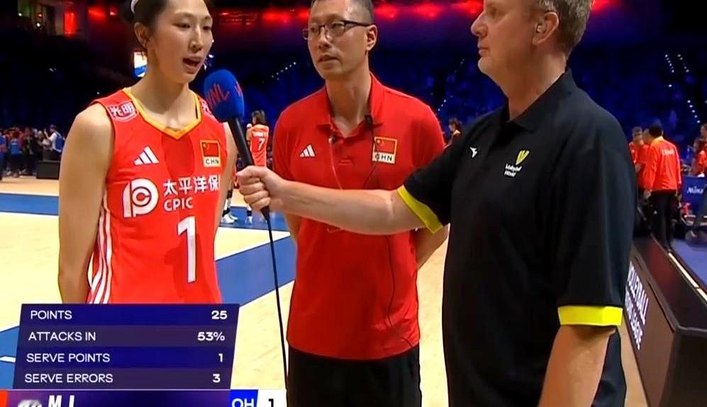 袁灵犀的翻译，不管你说多久，我一句话搞定。你们发现没？每次女排世联赛采访