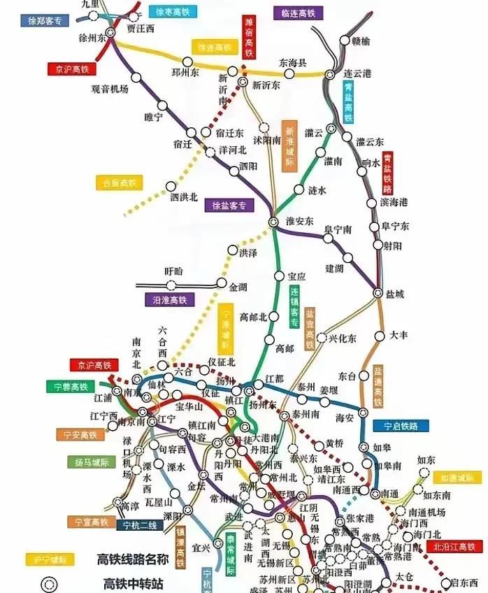 这是江苏省的高铁线路图，可以说是相当密集，还有不少高铁在建。但苏南地区的高铁比苏