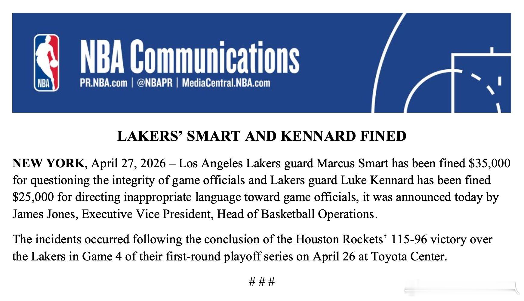 斯玛特肯纳德被罚NBA篮球运营执行副总裁詹姆斯-琼斯宣布，湖人后卫斯玛特因在G