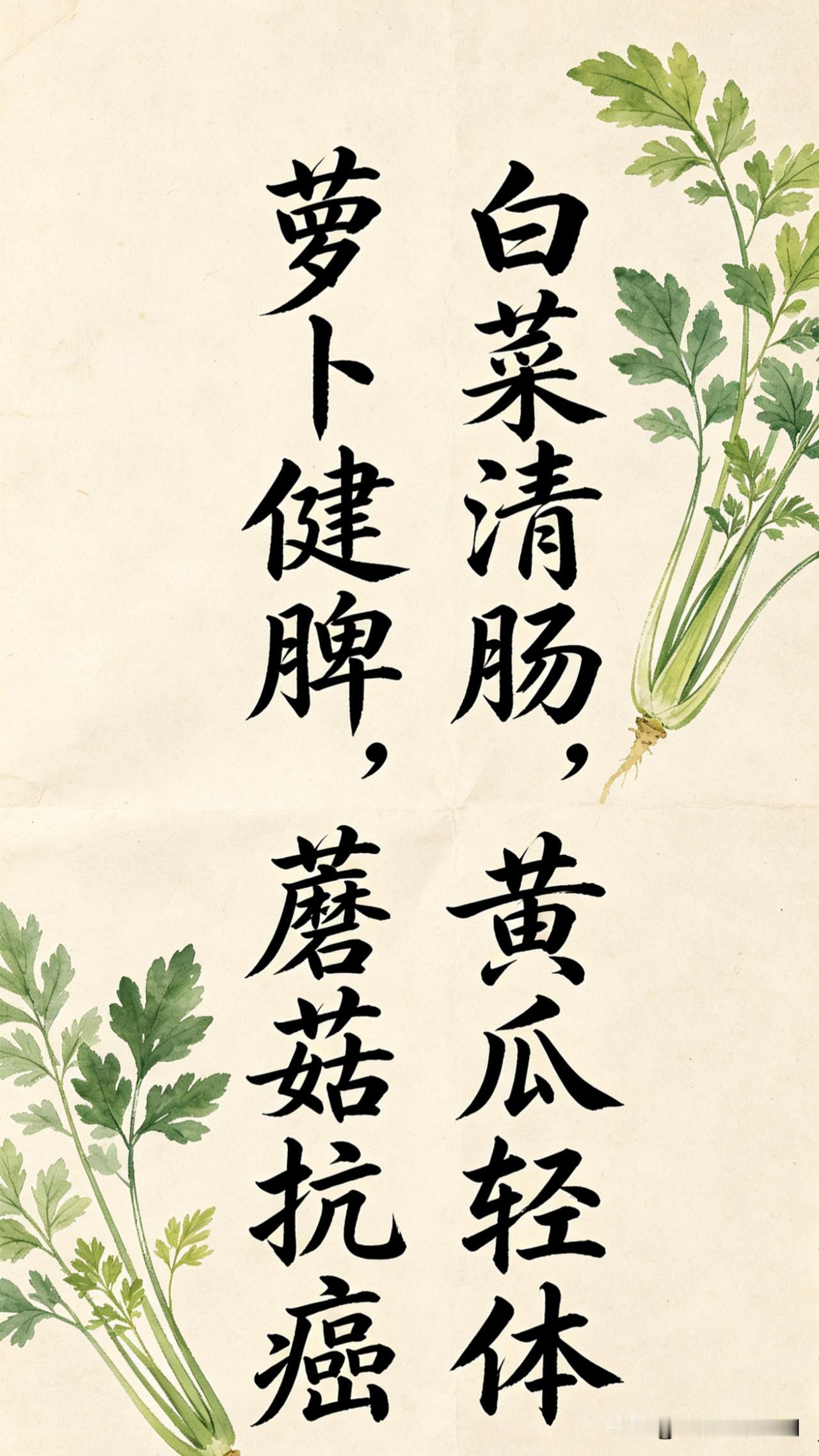 果蔬养生是个宝饮食万物养生宝，果蔬多样不可少。白菜利尿解毒素，促进消化