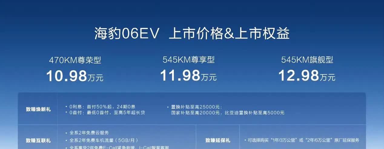比亚迪海豹06EV上市3款配置、4种颜色可选470KM尊荣型10.