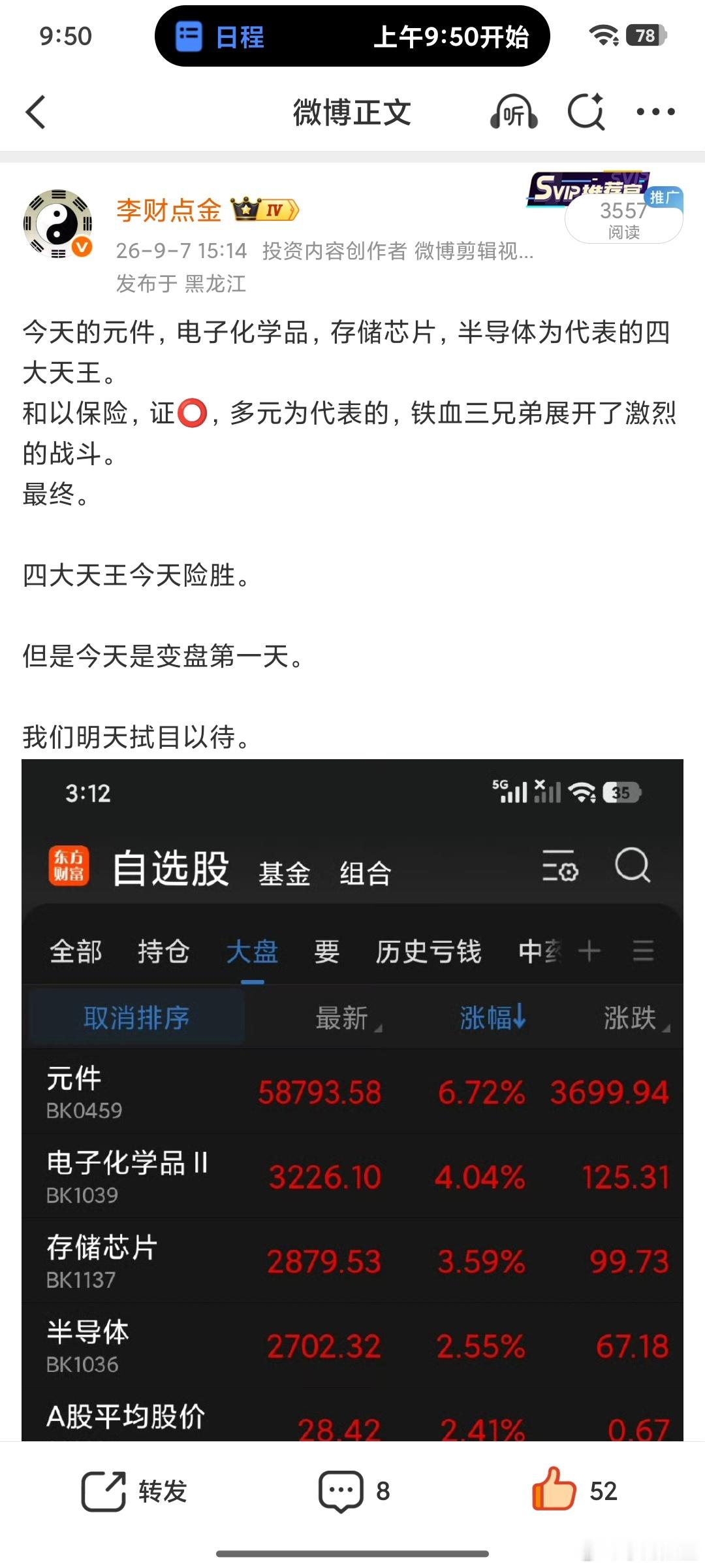 昨天是科技往前，保险往后对冲大盘，，今天倒反天罡，科技往后，保险往前对冲大盘很有