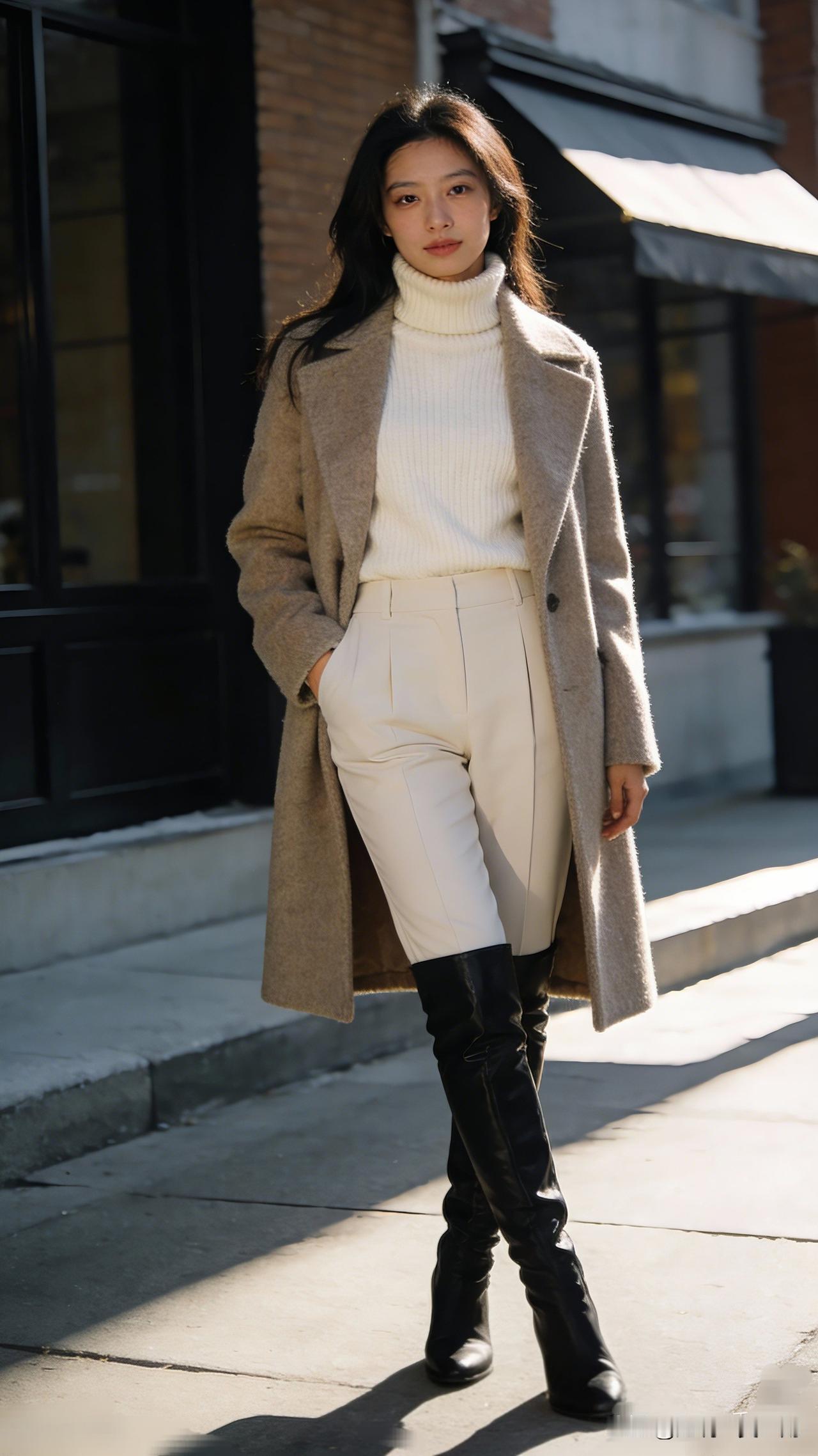 风华绝代，步步生莲。女孩子怎么穿搭既时尚又好看?冬日穿搭指南：米色大衣+高领毛