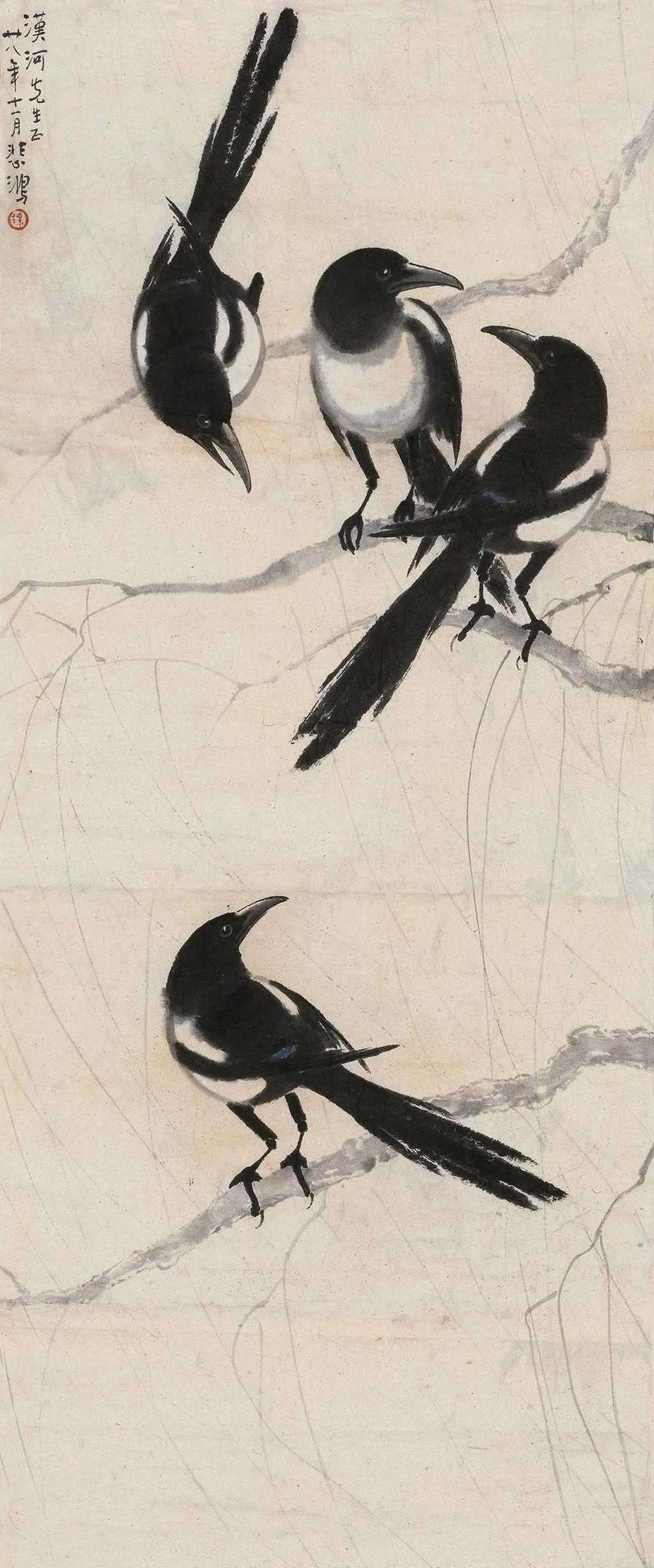 徐悲鸿四喜图。喜鹊能报喜的观念，早在两千多年前便已经在民间流行，民间将喜鹊作为