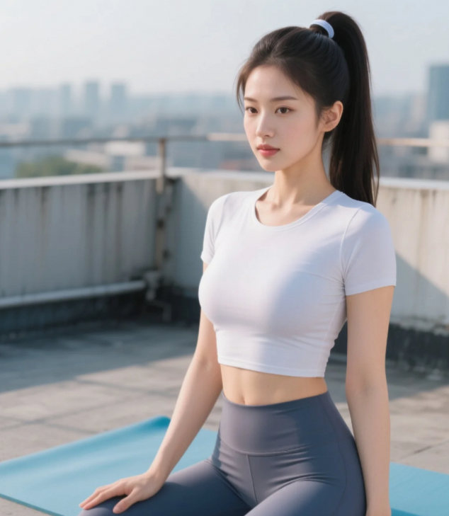 娇俏佳人天台瑜伽秀，丰满身材尽显健康美