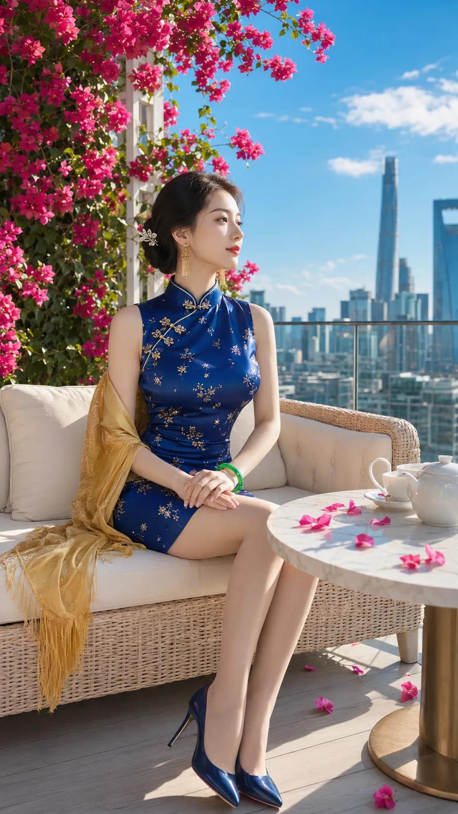 一袭宝蓝旗袍，碎金暗纹在日光下流转，无袖剪裁露出凝脂般的肩臂，高开衩间，修长玉腿
