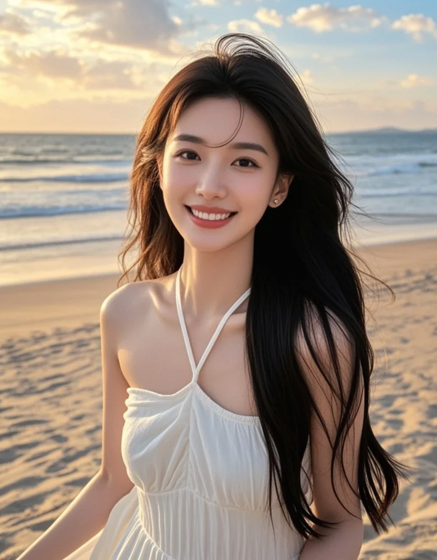 白裙长发，闲步于天地渐暗的静谧时分