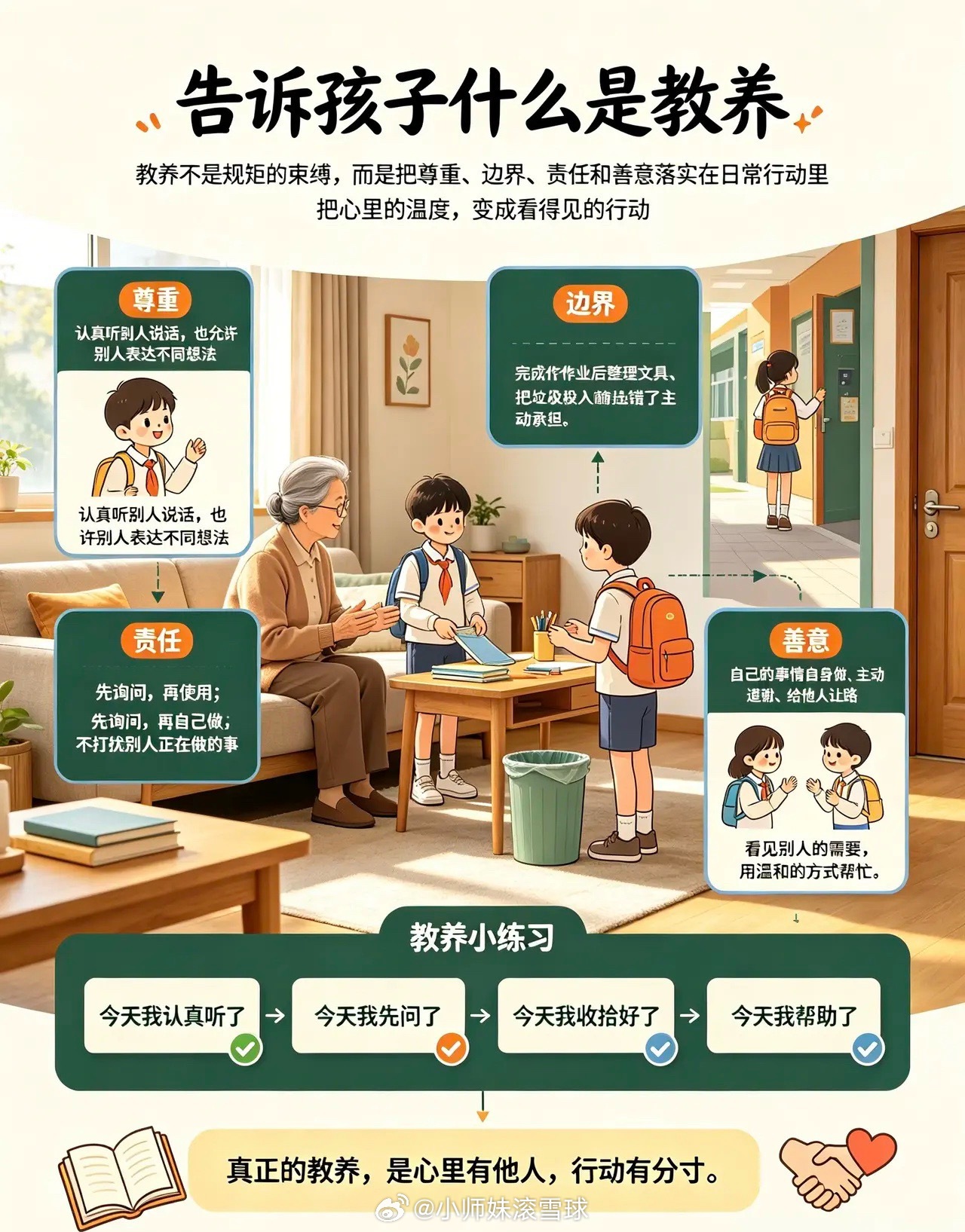 告诉孩子什么是教养1、在外人面前，要给妈妈撑场面。不要当众顶嘴，耍脾气，妈妈体面
