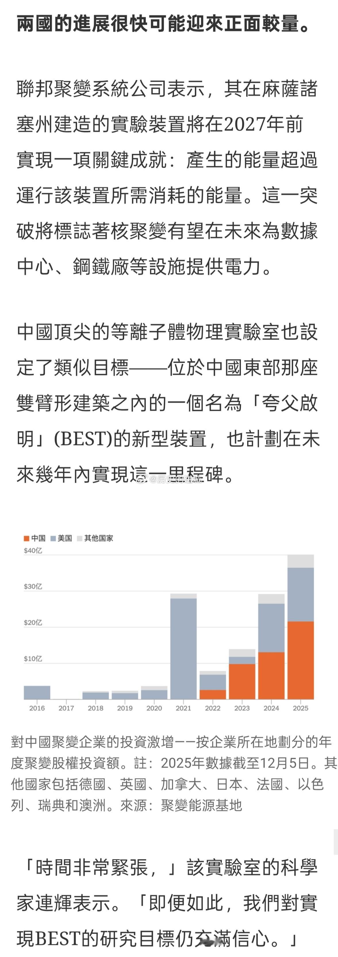 nyt最新文章关注到中美两个超级大国在核聚变领域的竞争。任何一个率先掌握这项技术