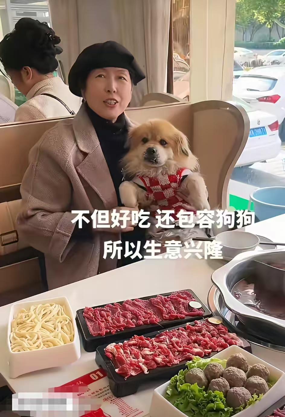 女子带着狗吃牛肉火锅，饭店老板没有驱赶。狗进饭馆没问题，直接标注上，“此堂食，人