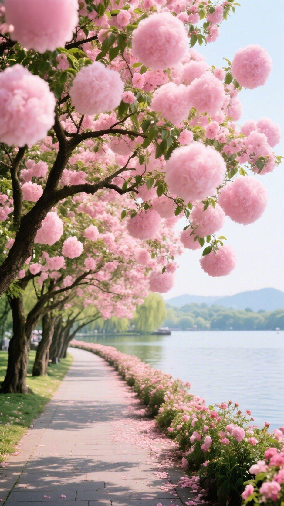 《春岸花径》风裹着软香漫过湖岸，抬眼是满树粉云坠在枝桠——像把春天揉成了蓬