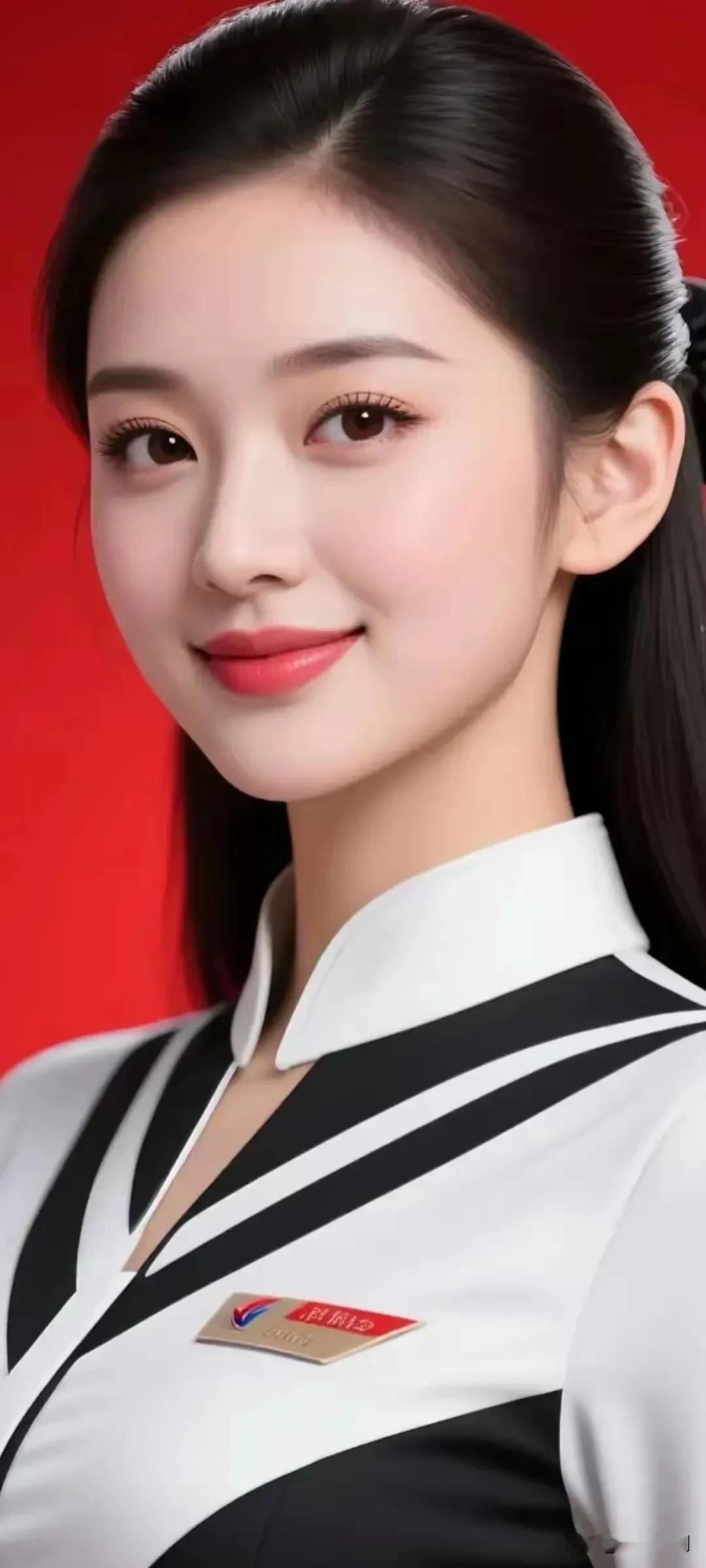 红底衬着利落的马尾，黑白领角裹着轻盈的笑意，胸牌上的标识，是温柔里藏着的妥帖与明