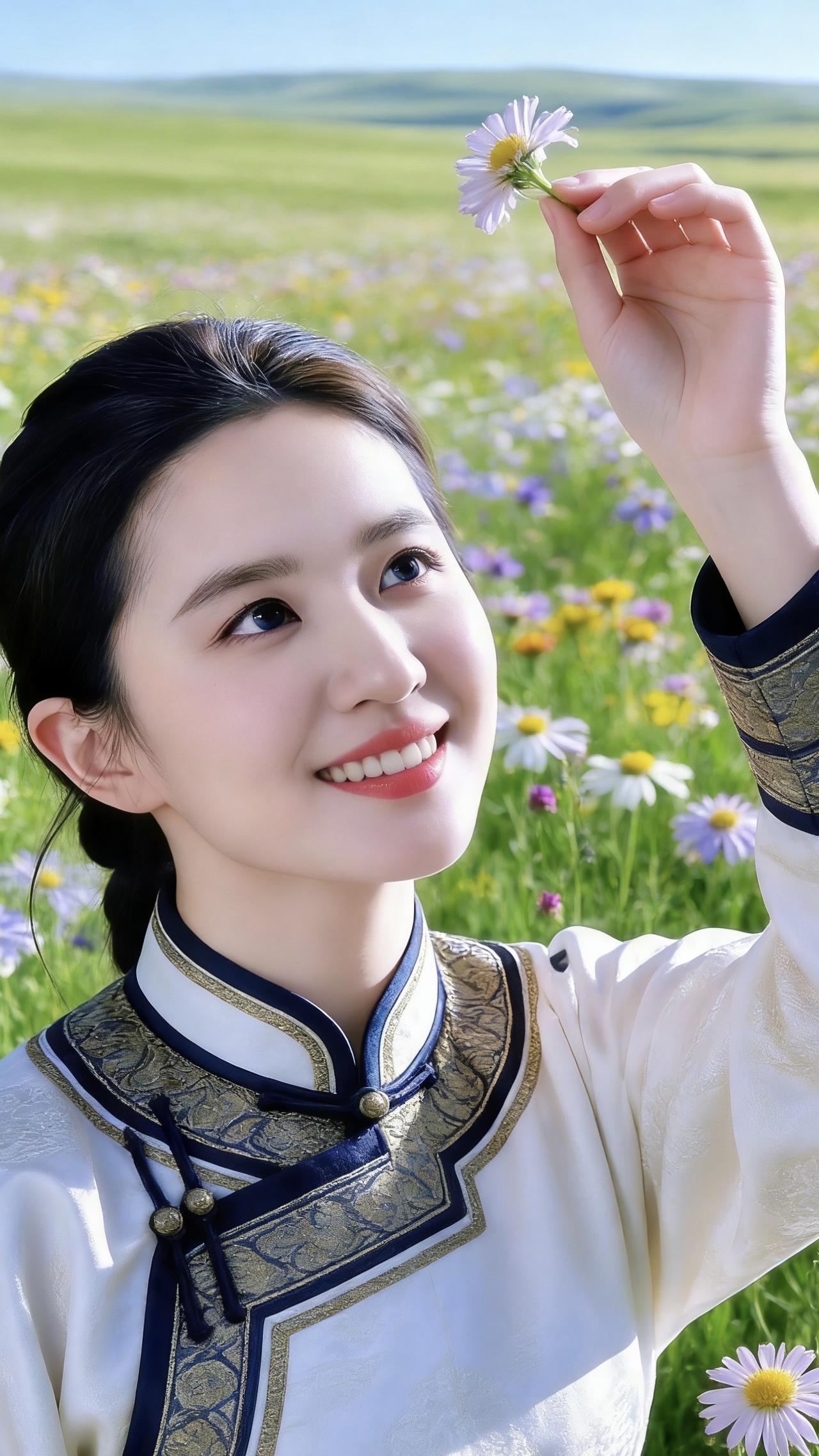 我蹲在草原的花海里，指尖捏着一朵淡紫的雏菊举到眼前，阳光穿过花瓣在脸上投下细碎的