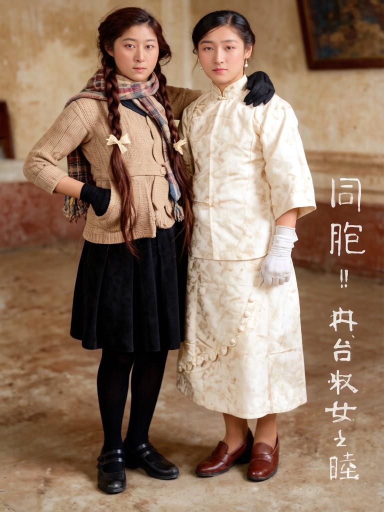 日本占据中国台湾时期，两个年轻女子的合影。其中画面左侧的女子是日本人，右侧站的是