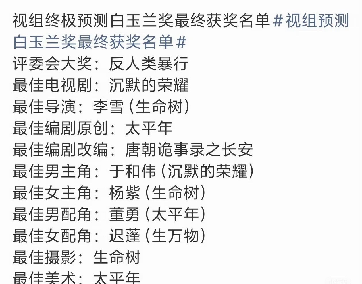 白玉兰视帝视后终极预测白玉兰视帝视后最终预测白玉兰奖终极预测来了大概率是于和伟