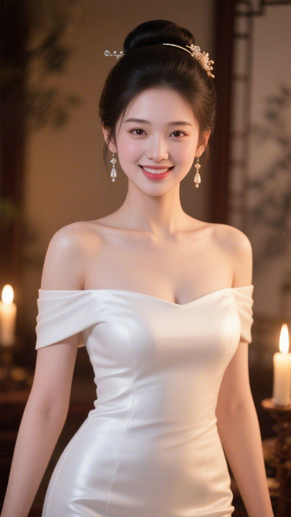 白裙藏尽东方韵烛影轻轻摇曳，晕开一室暖黄的光。她梳着精致的中式发髻，珠饰点
