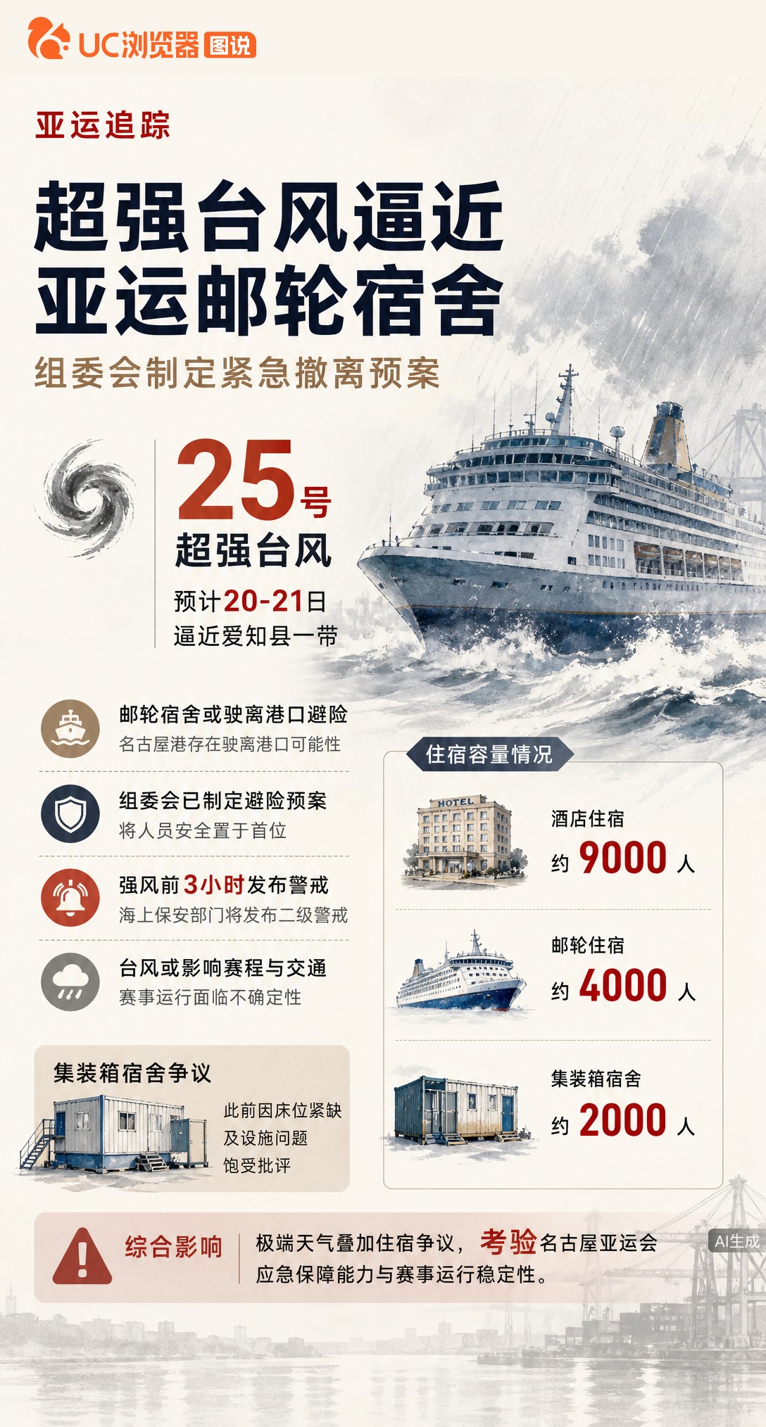超强台风逼近名古屋，亚运邮轮宿舍或需紧急撤离！组委会已制定预案，强风前3小时发二级警戒。此前住宿争议