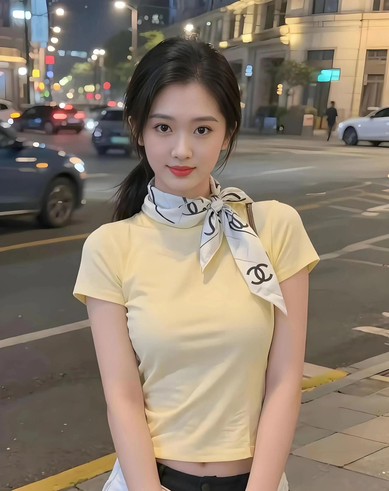 夜晚街头的甜美少女，黄色上衣搭配时尚丝巾，尽显青春活力！🌟✨